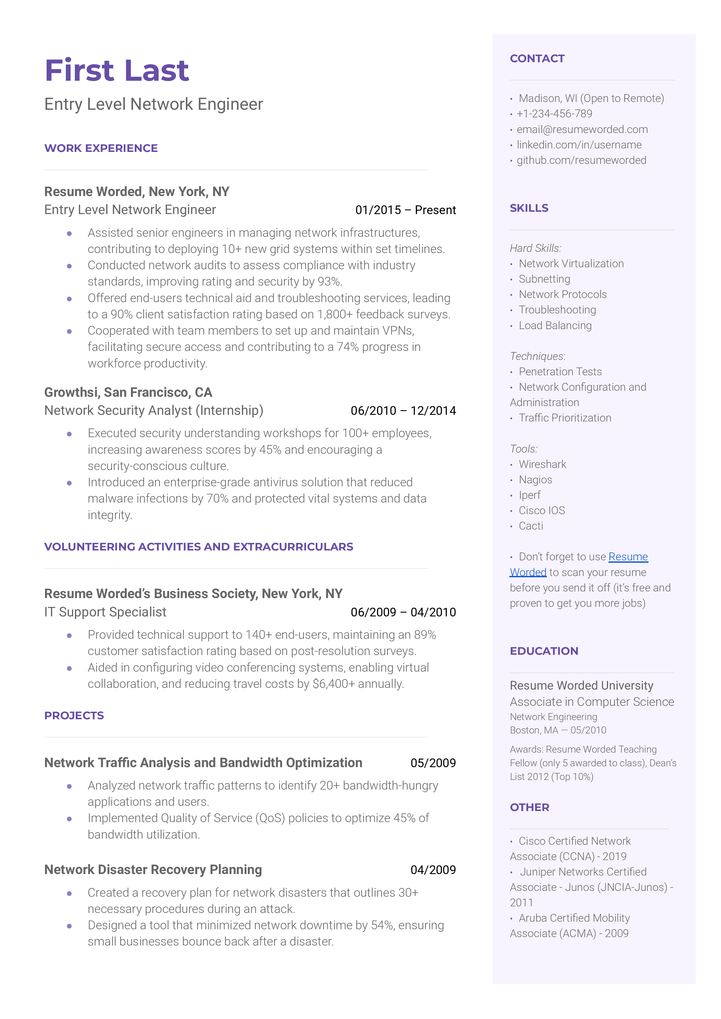 Entry Level Network Engineer Resume Sample