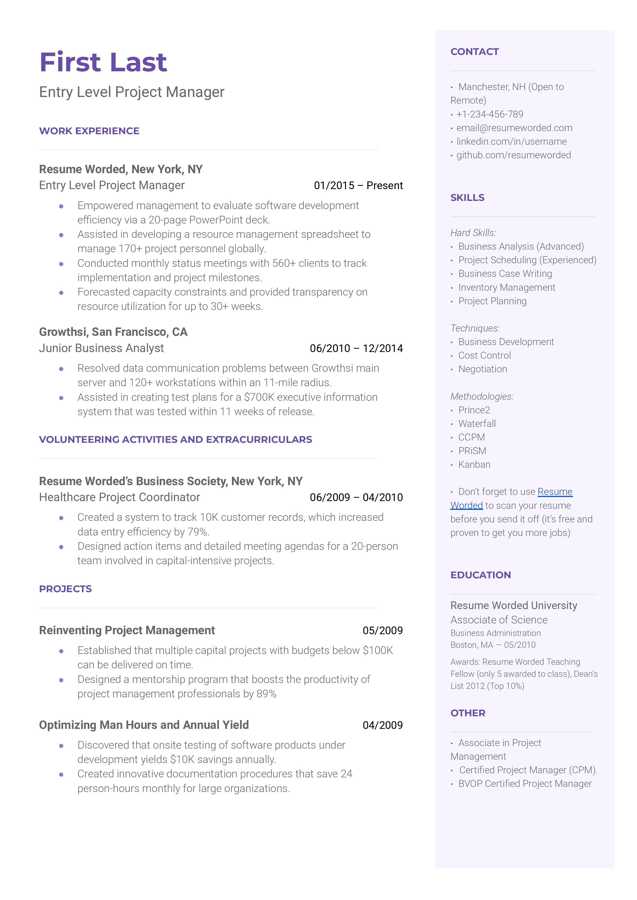 Entry Level Project Manager Resume Sample