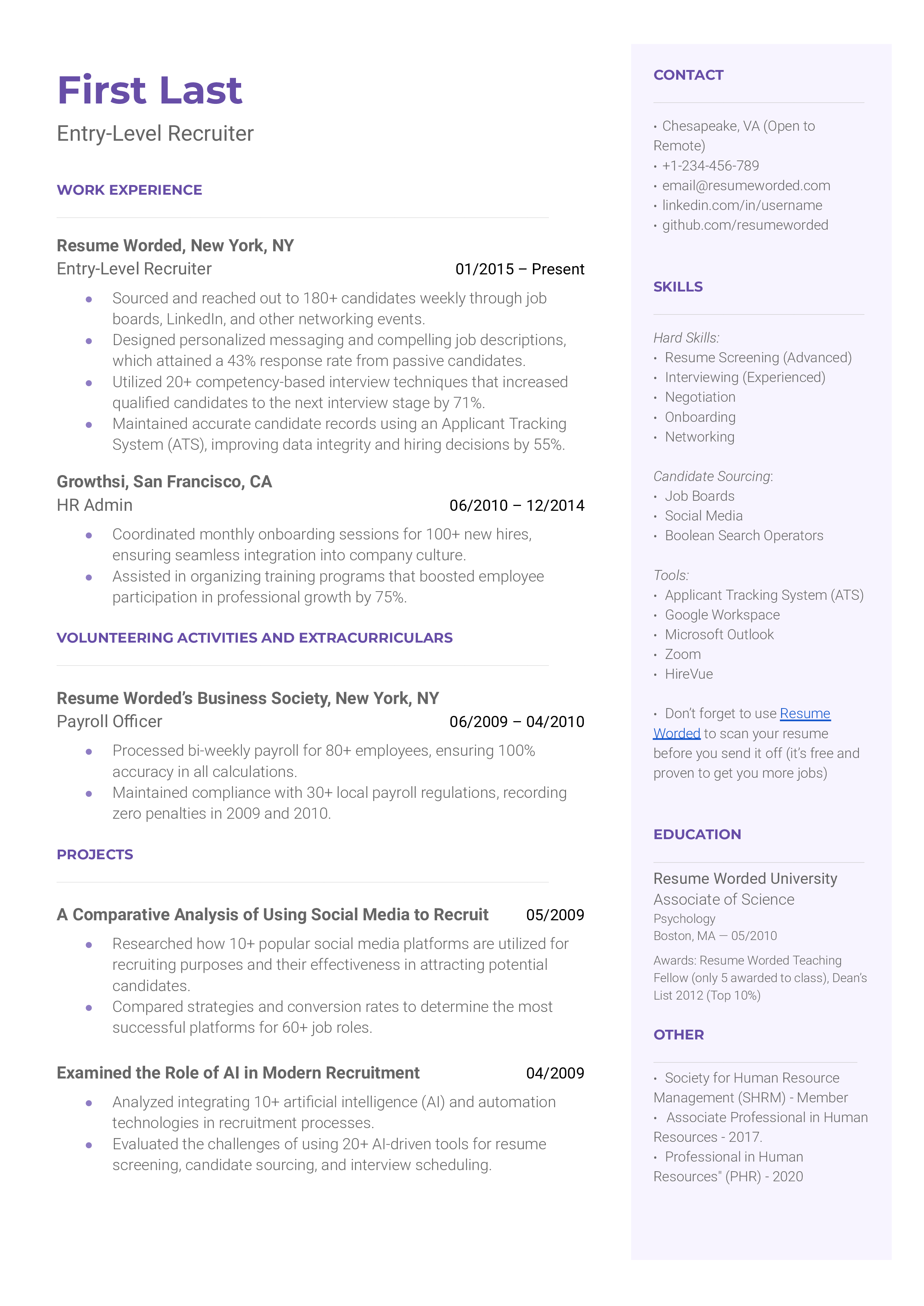 Entry-Level Recruiter Resume Sample