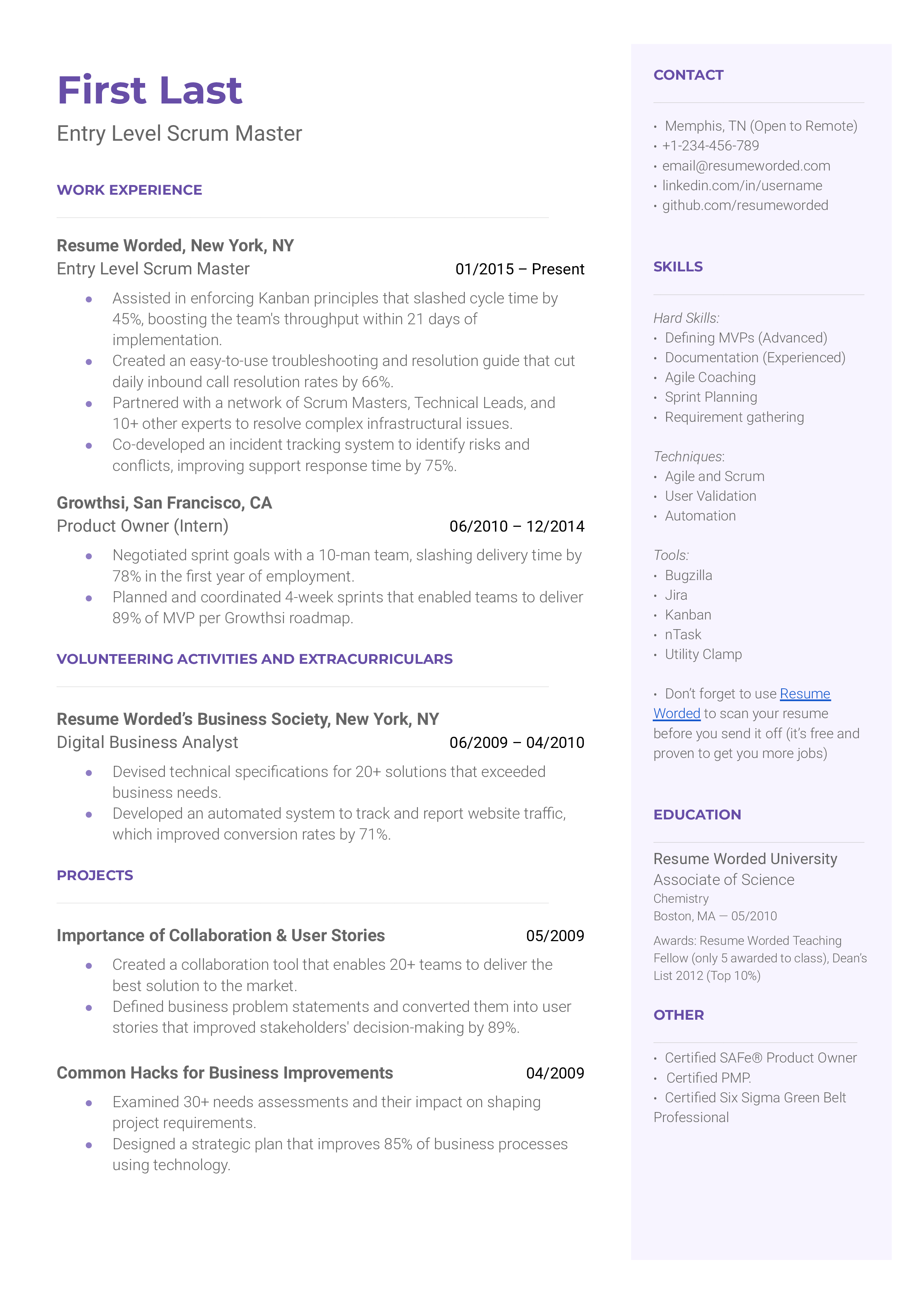 Entry Level Scrum Master Resume Sample