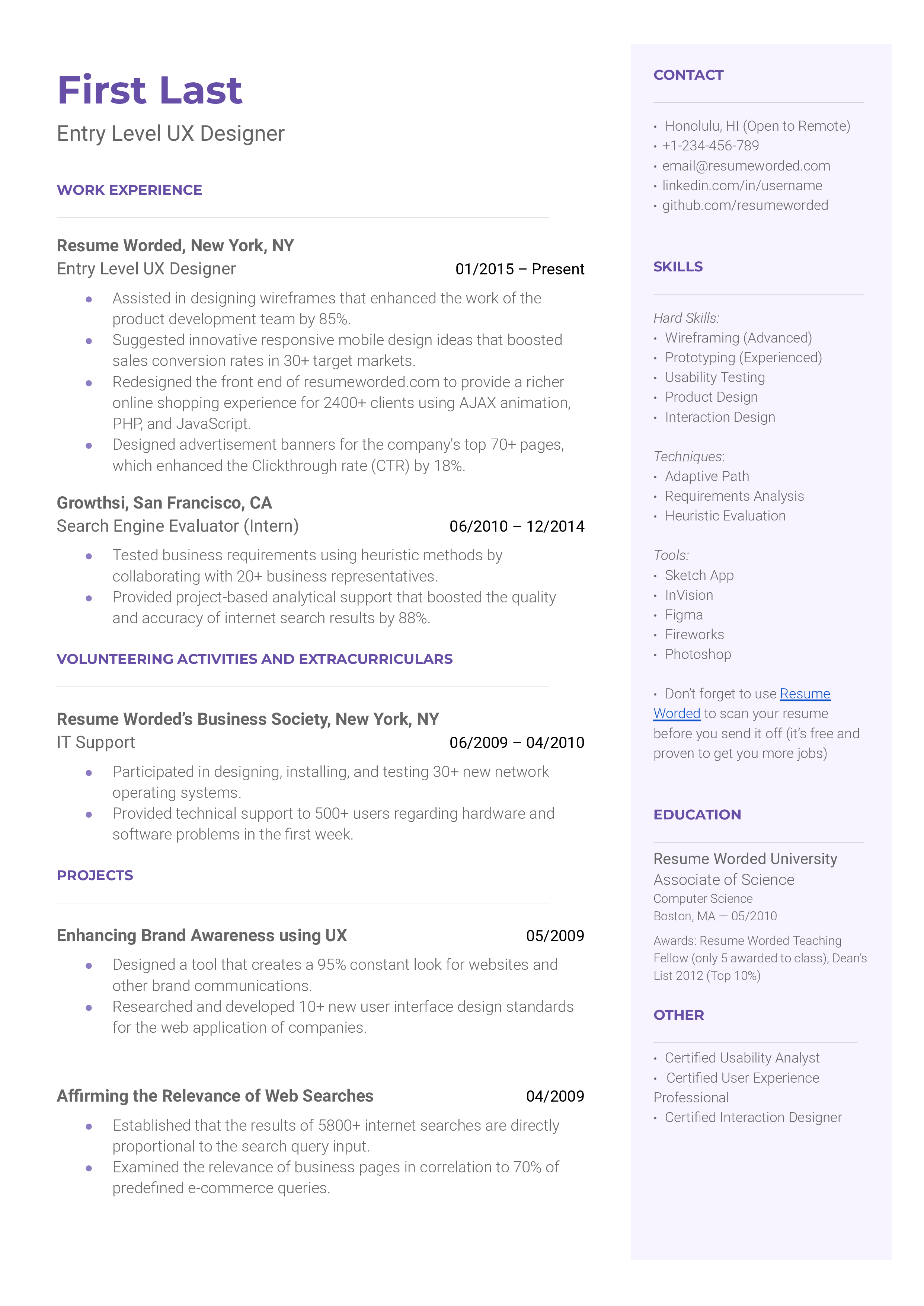 Entry Level UX Designer Resume Sample