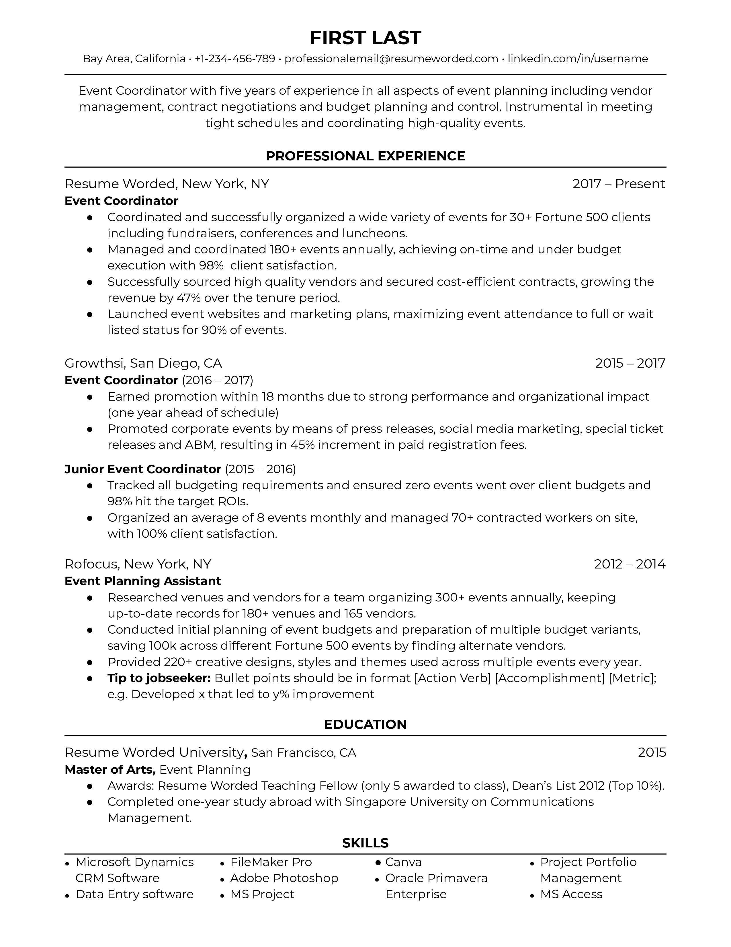 Event Coordinator Resume Sample