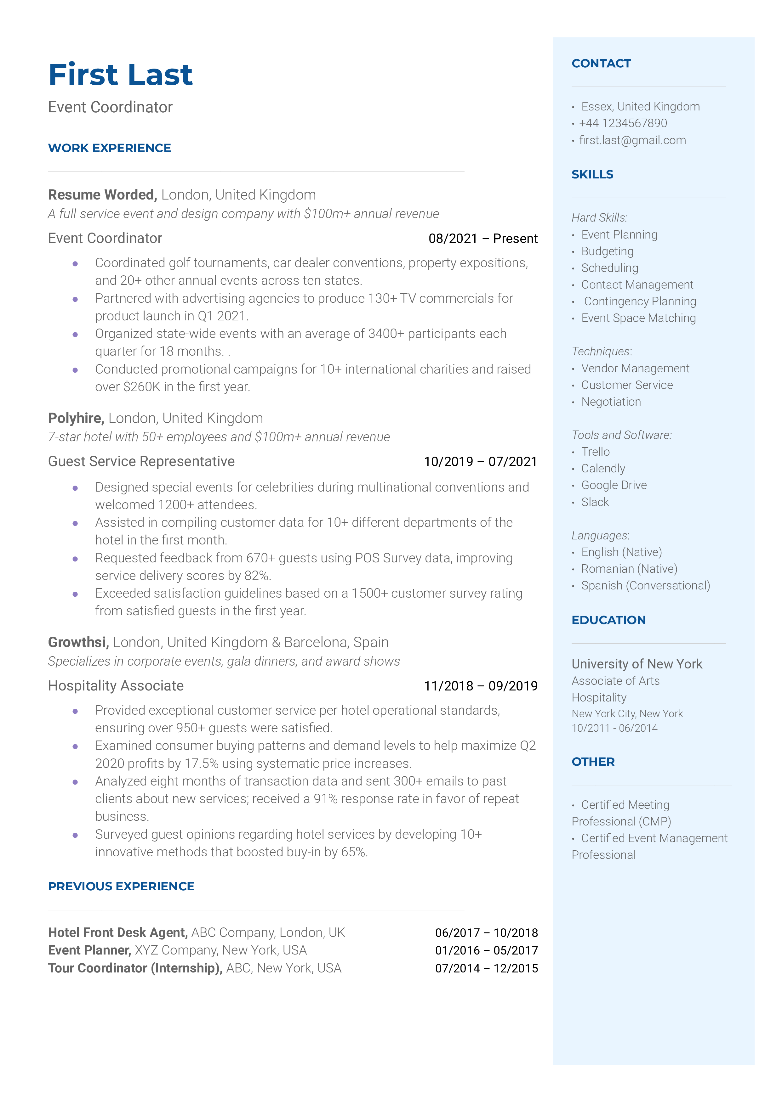 Event Coordinator Resume Sample
