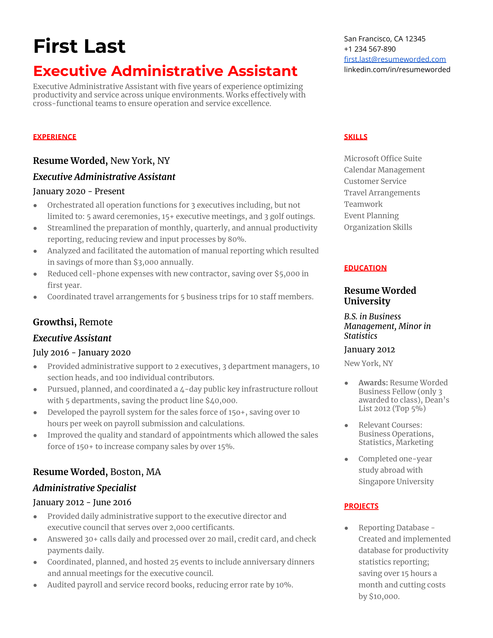 Executive Administrative Assistant Resume Sample