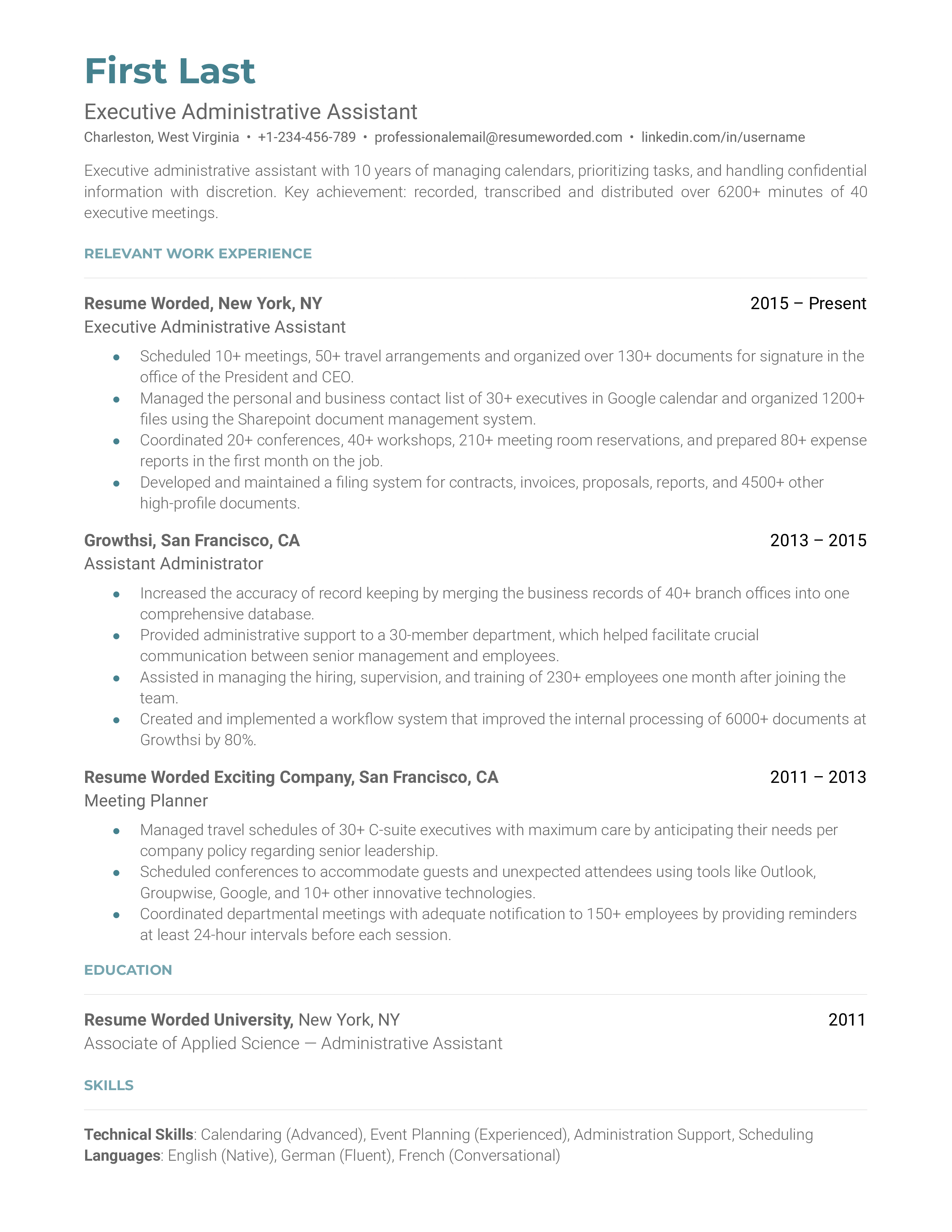 Executive Administrative Assistant Resume Sample
