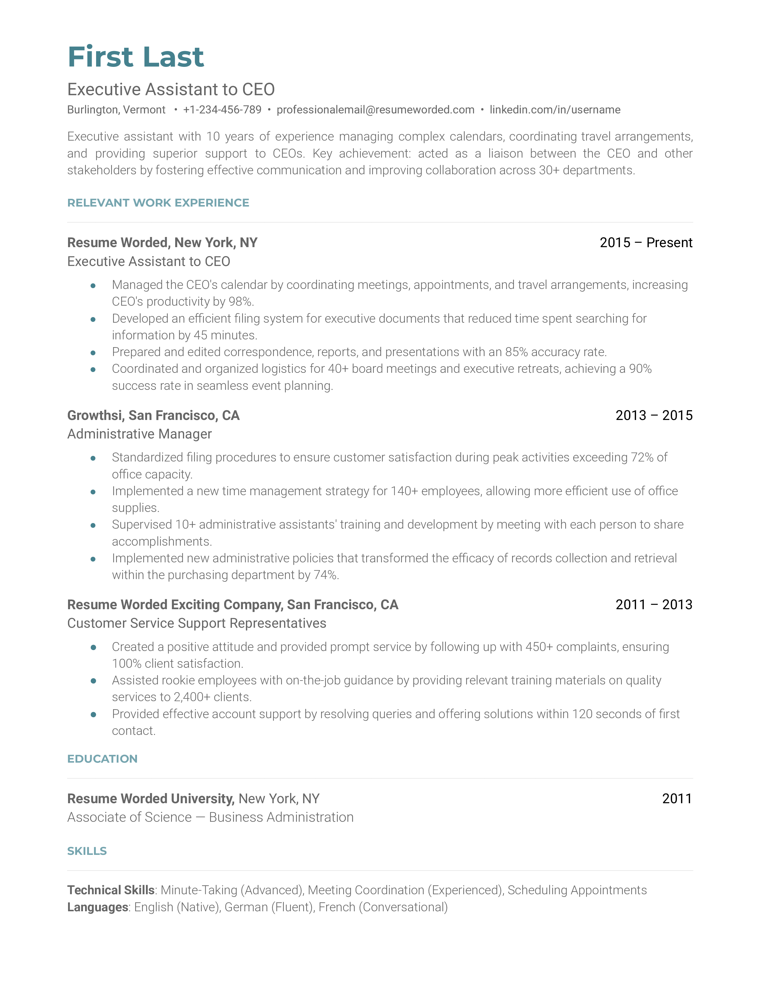 Executive Assistant to CEO Resume Sample