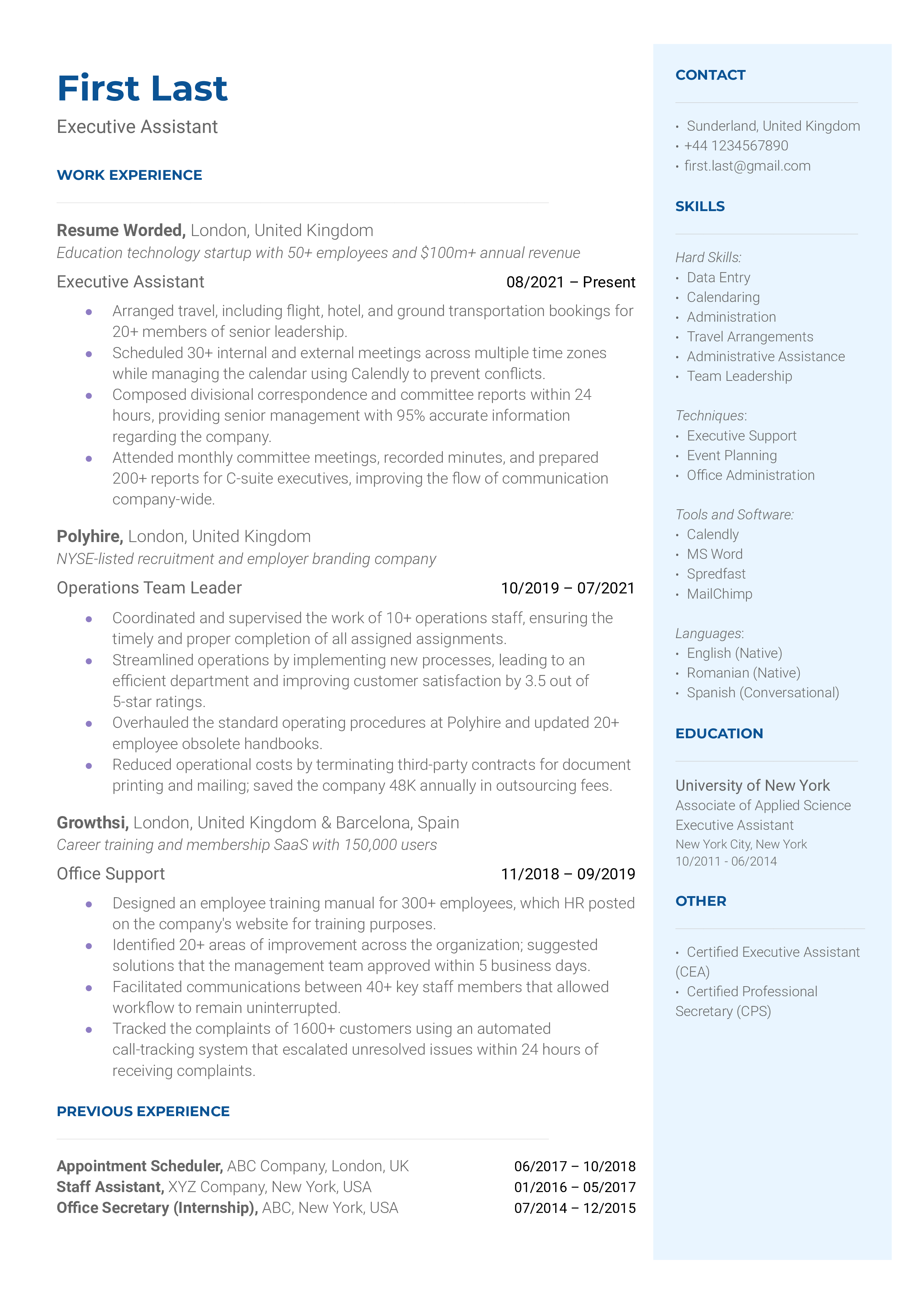 Executive Assistant Resume Sample