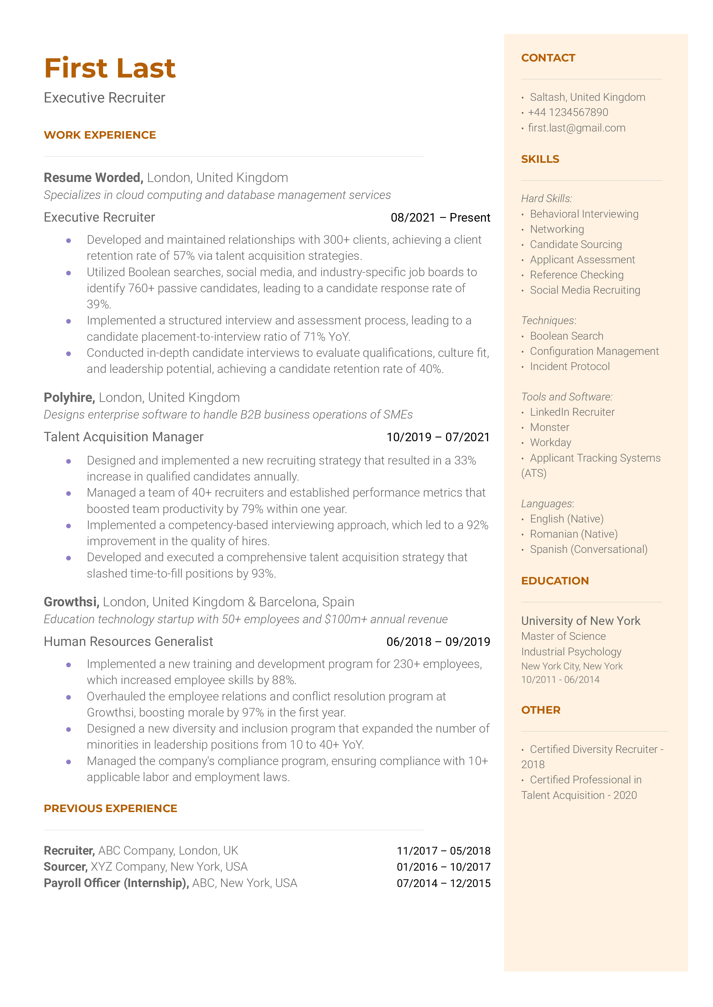 Executive Recruiter Resume Sample