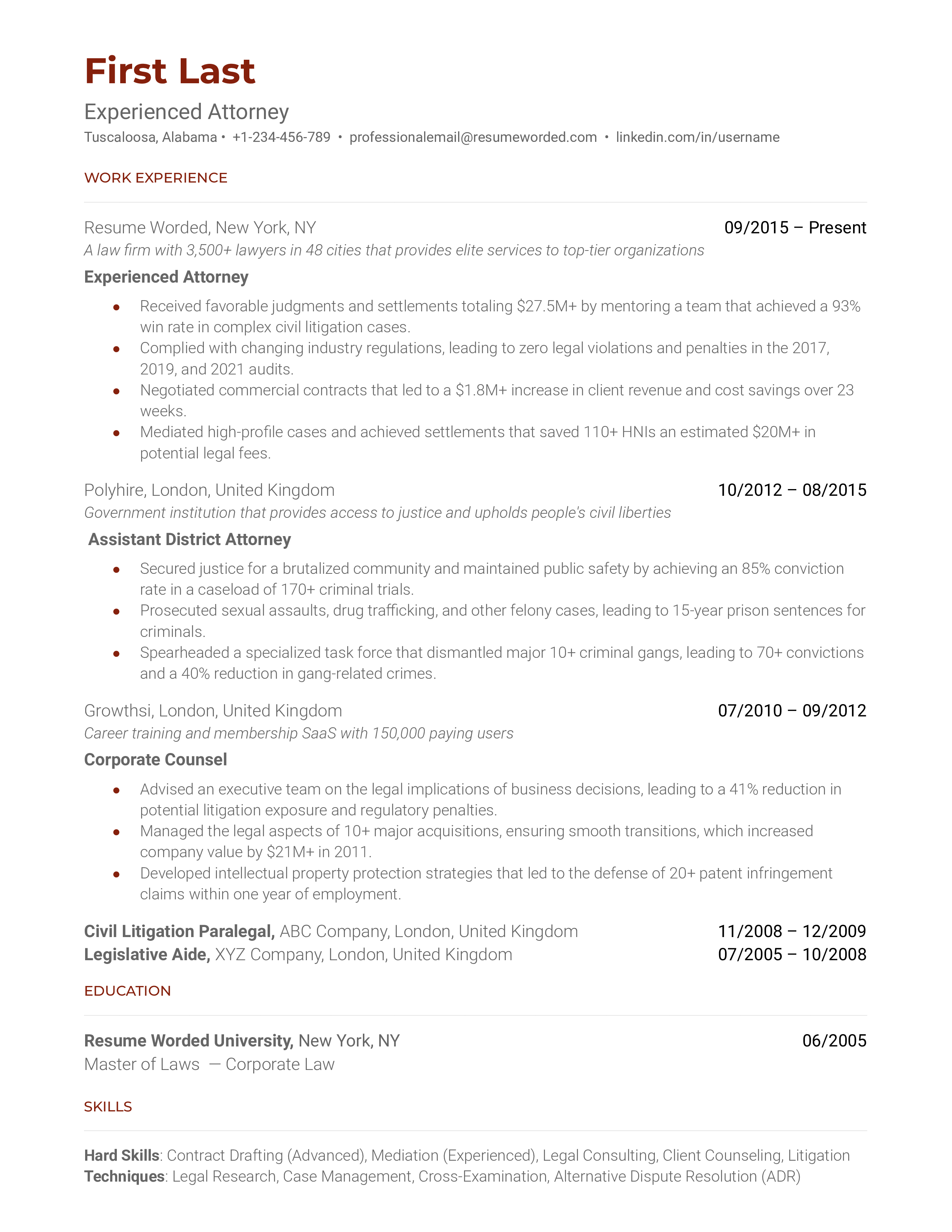 Experienced Attorney Resume Sample