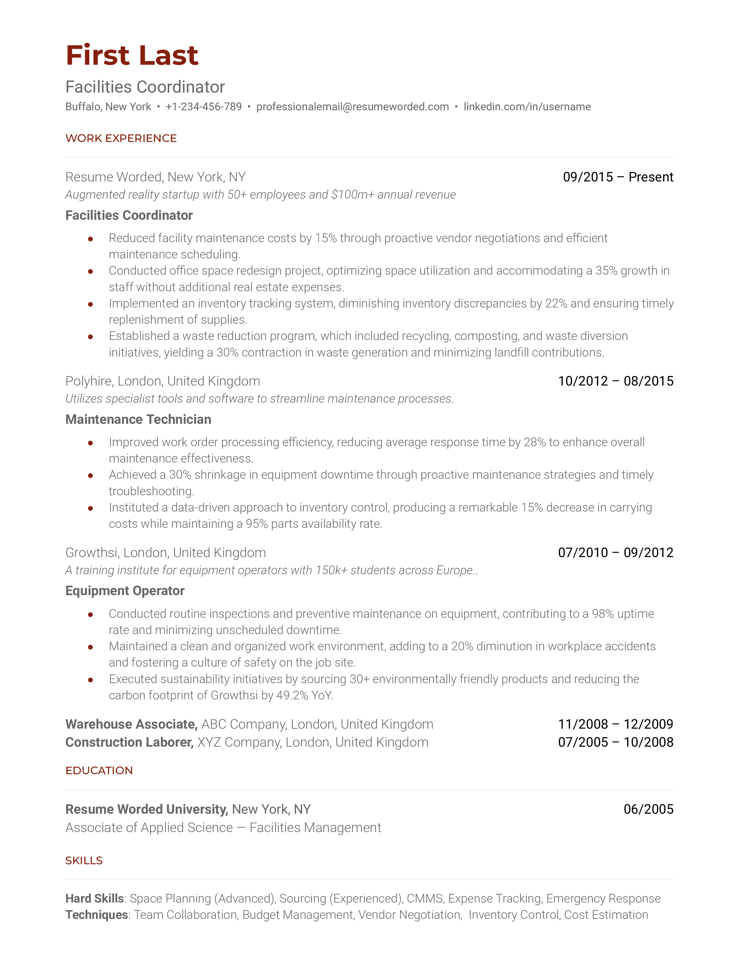 Facilities Coordinator Resume Sample