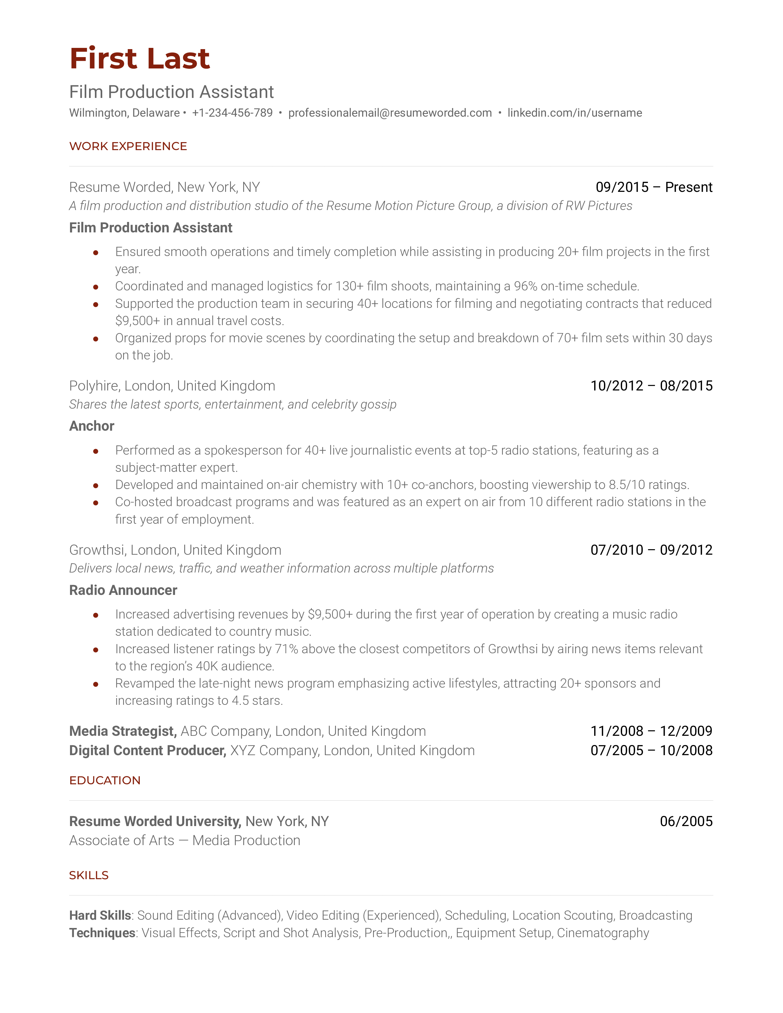 Film Production Assistant Resume Sample