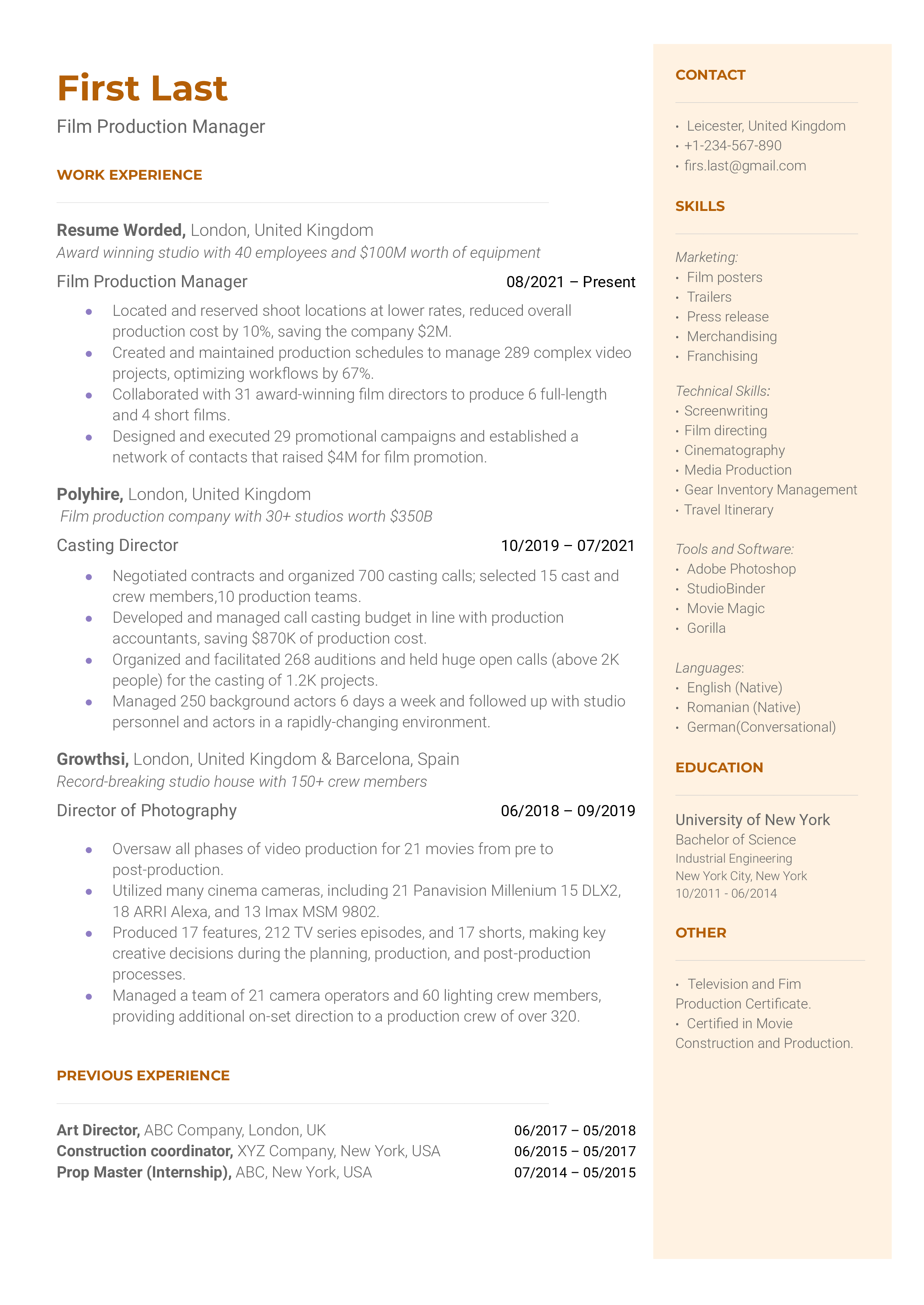 Film Production Manager Resume Sample