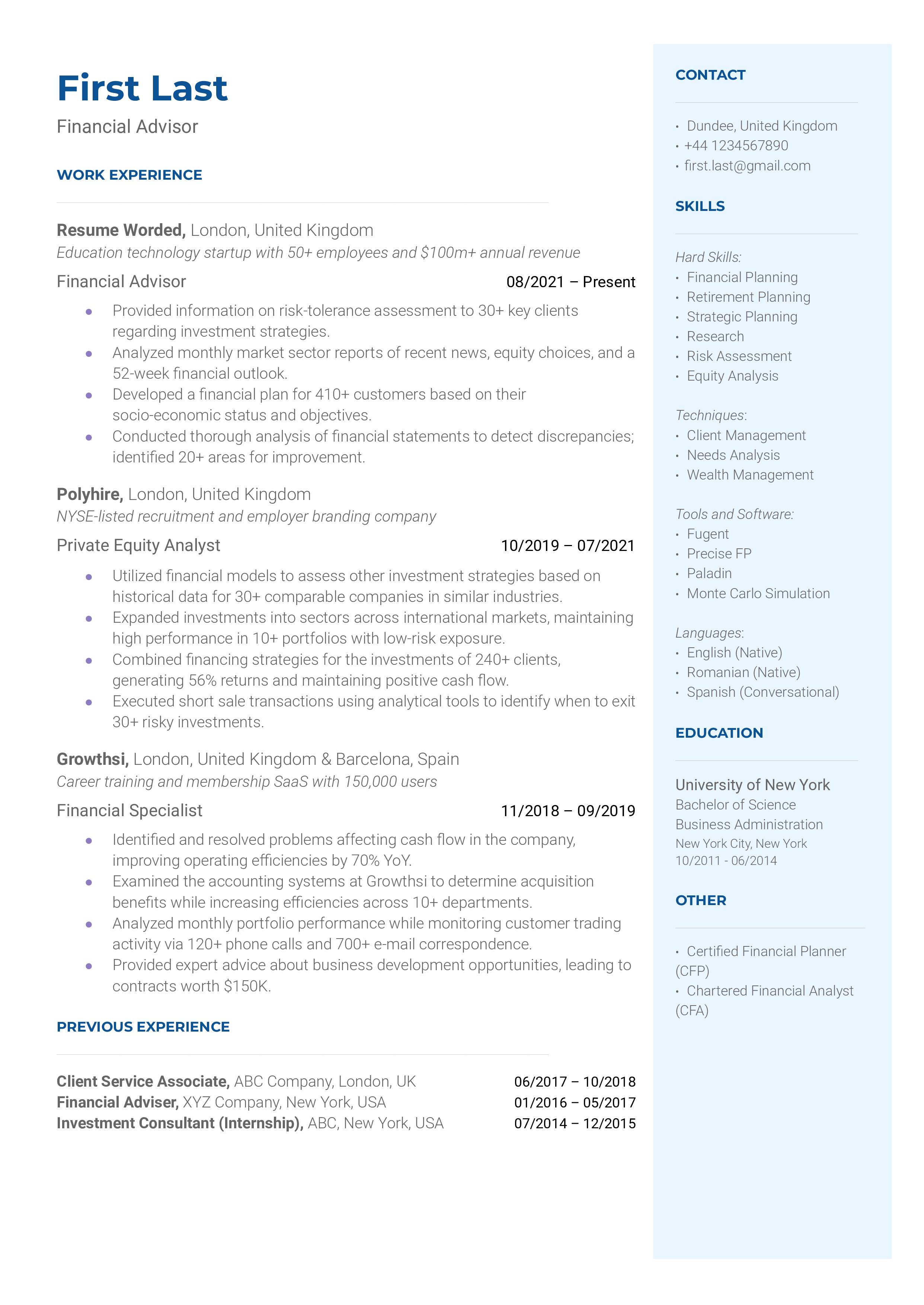 Financial Advisor Resume Sample