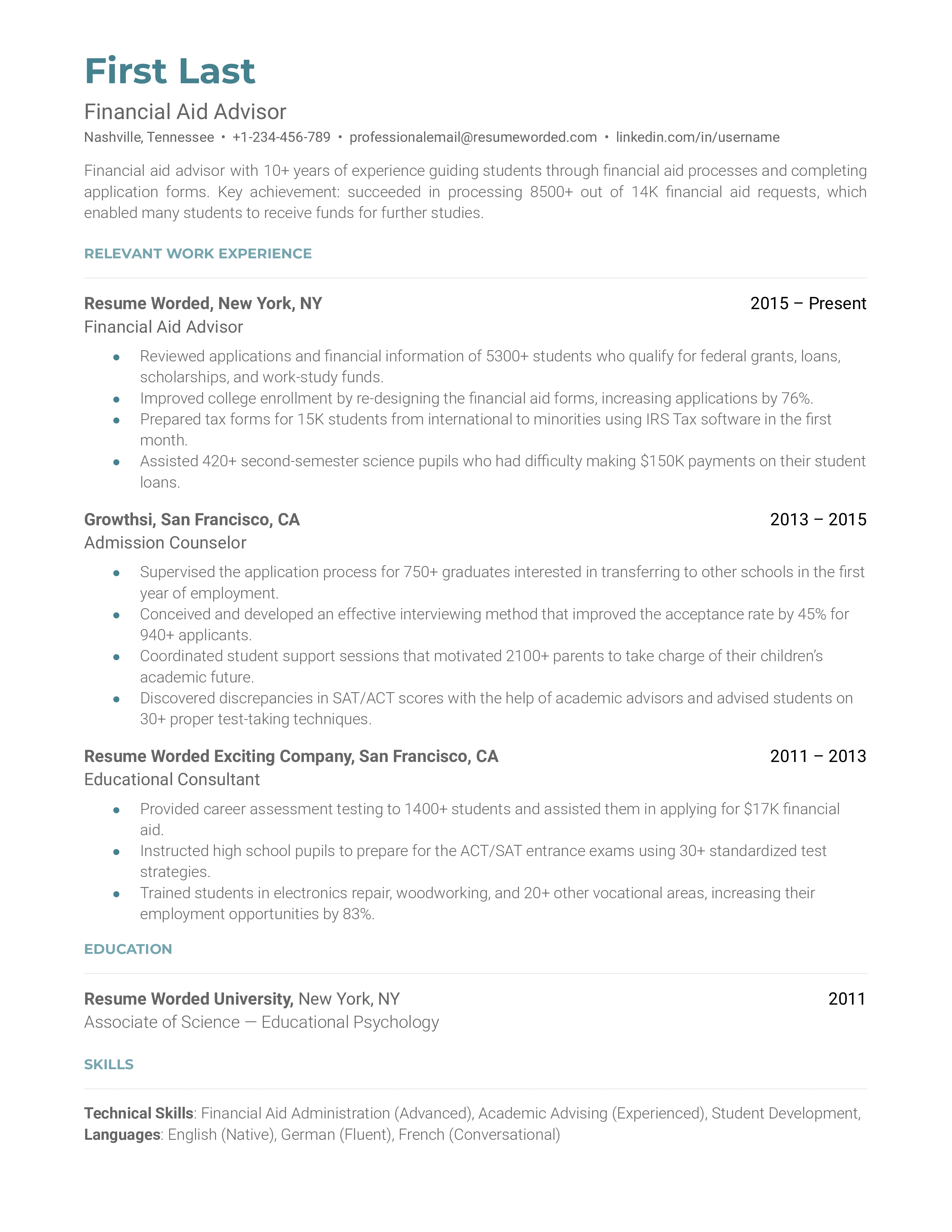 Financial Aid Advisor Resume Sample