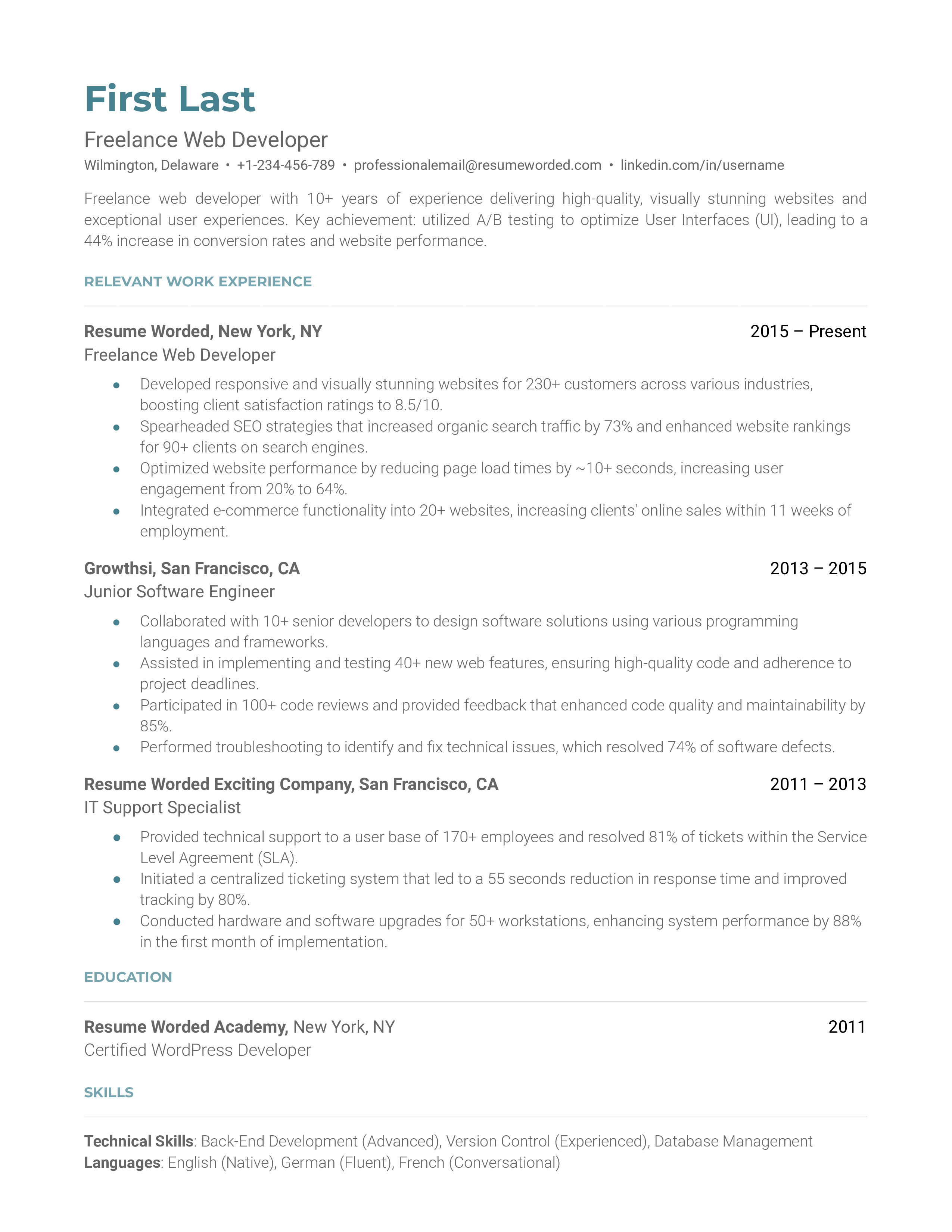 Freelance Web Developer Resume Sample