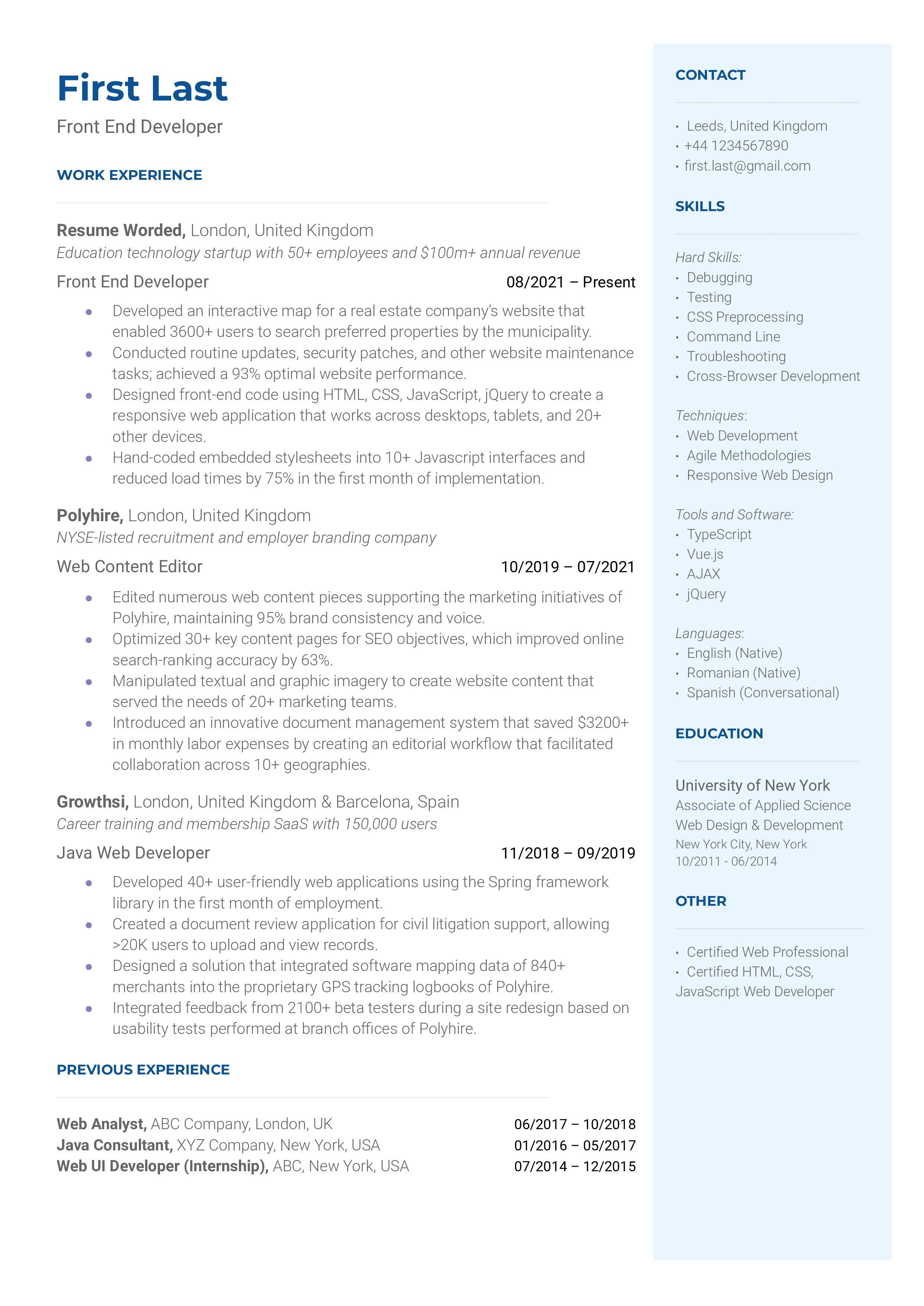Front End Developer Resume Sample