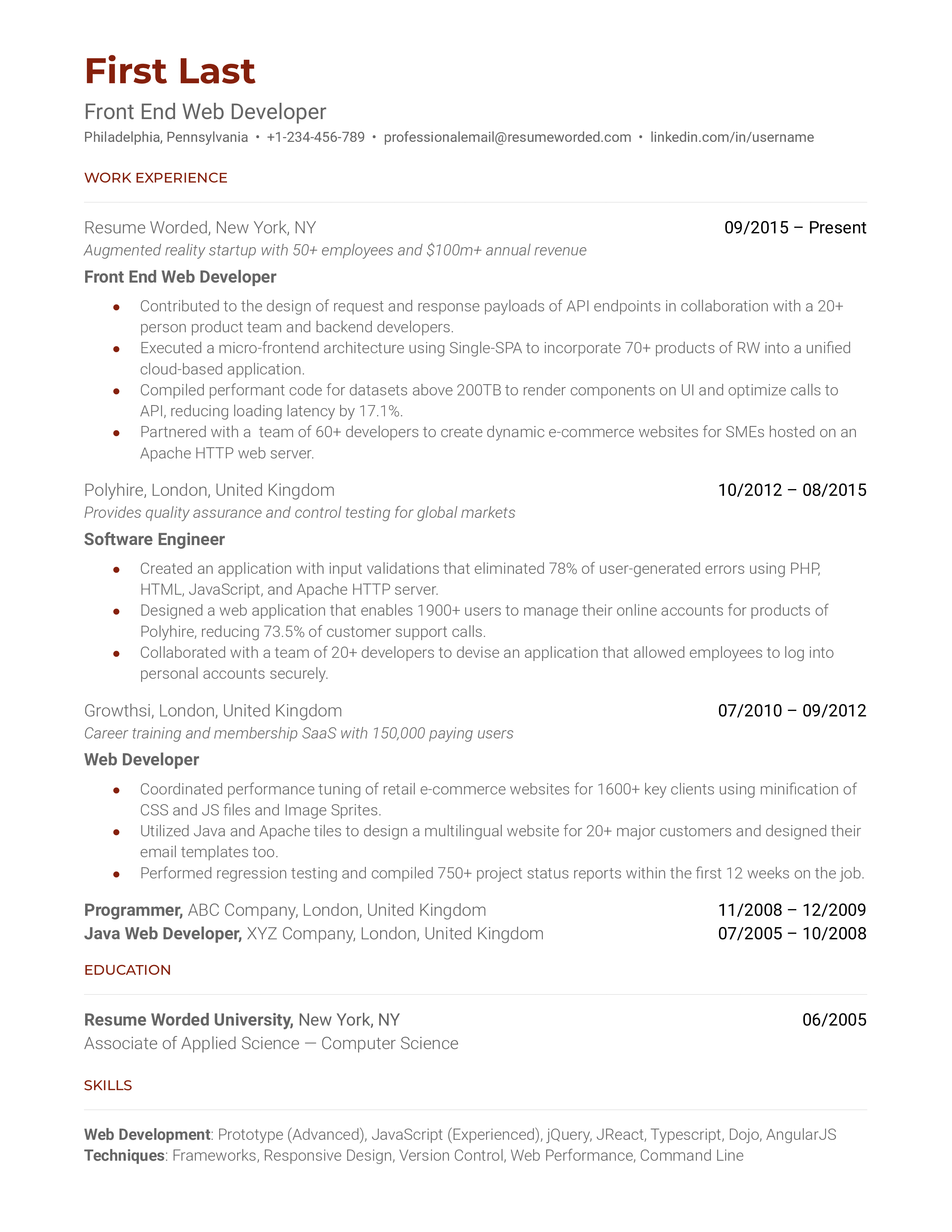 Front End Web Developer Resume Sample