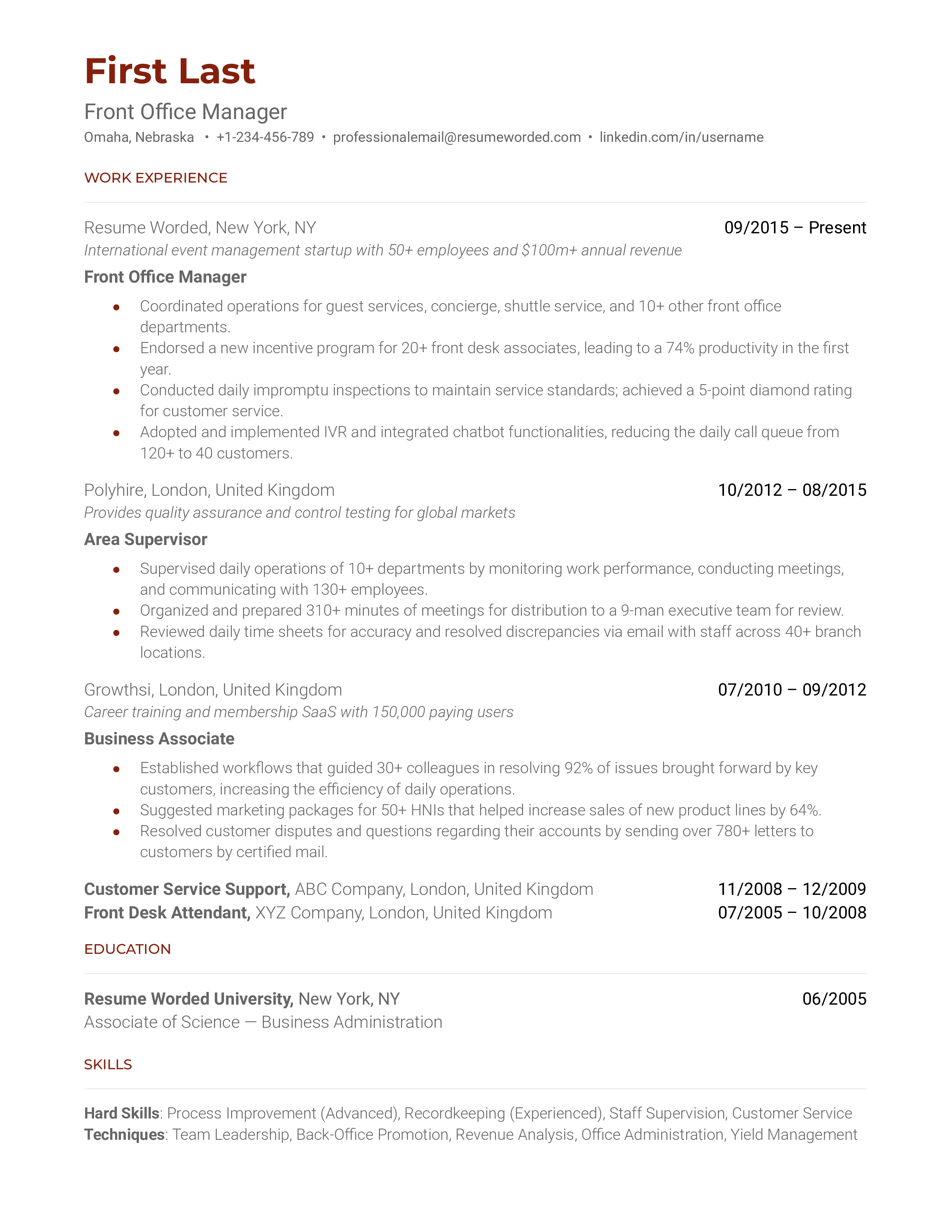 Front Office Manager Resume Sample