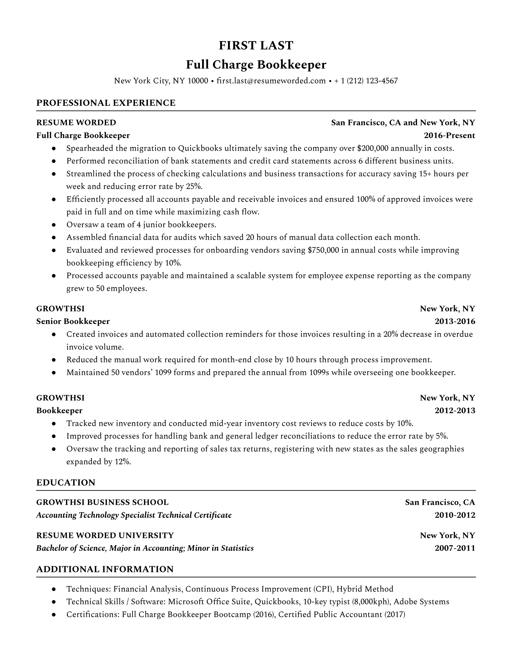Full Charge Bookkeeper Resume Sample If you are a full charge bookkeeper, aim to demonstrate your ability to lead and manage others while still having a background in the finer details of bookkeeping work.