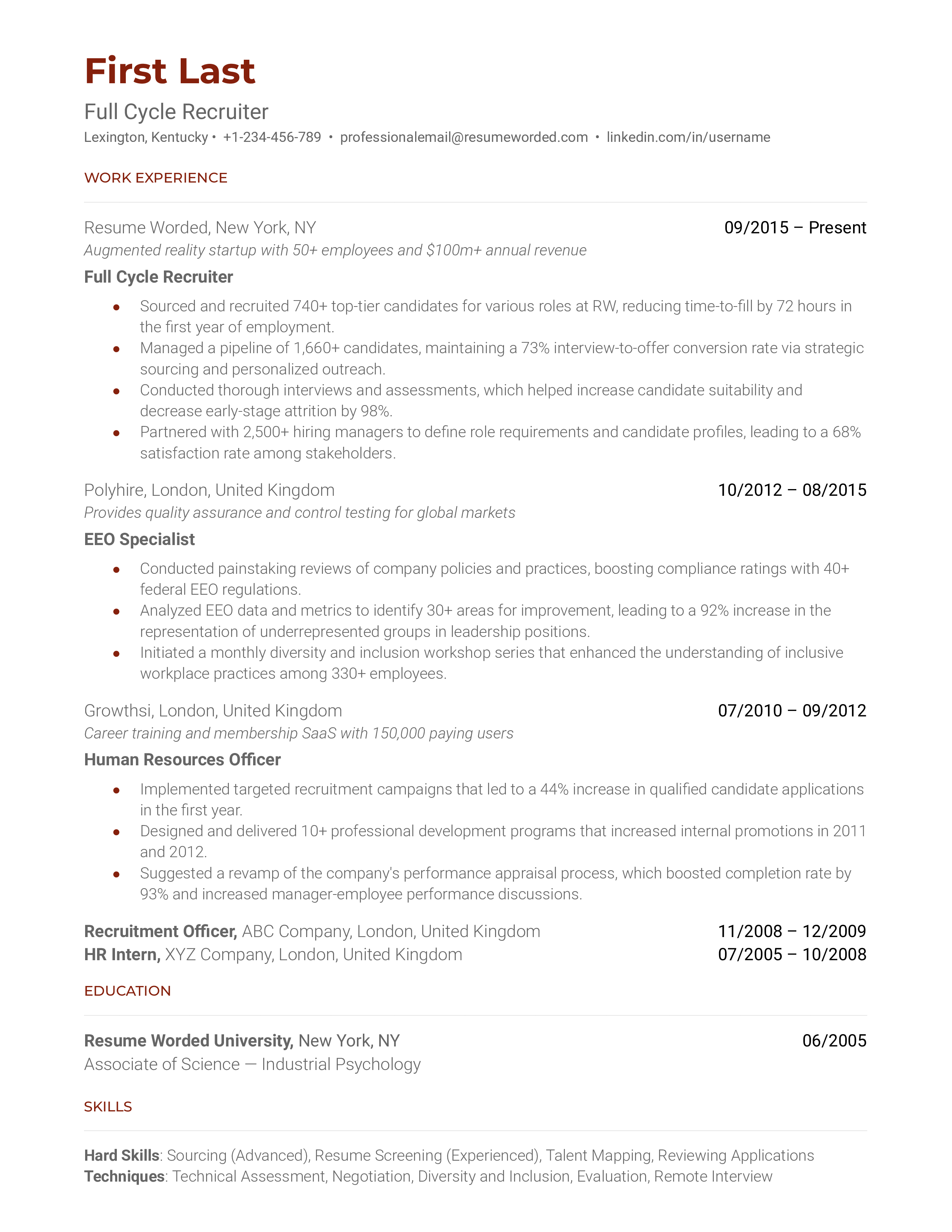 Full Cycle Recruiter Resume Sample