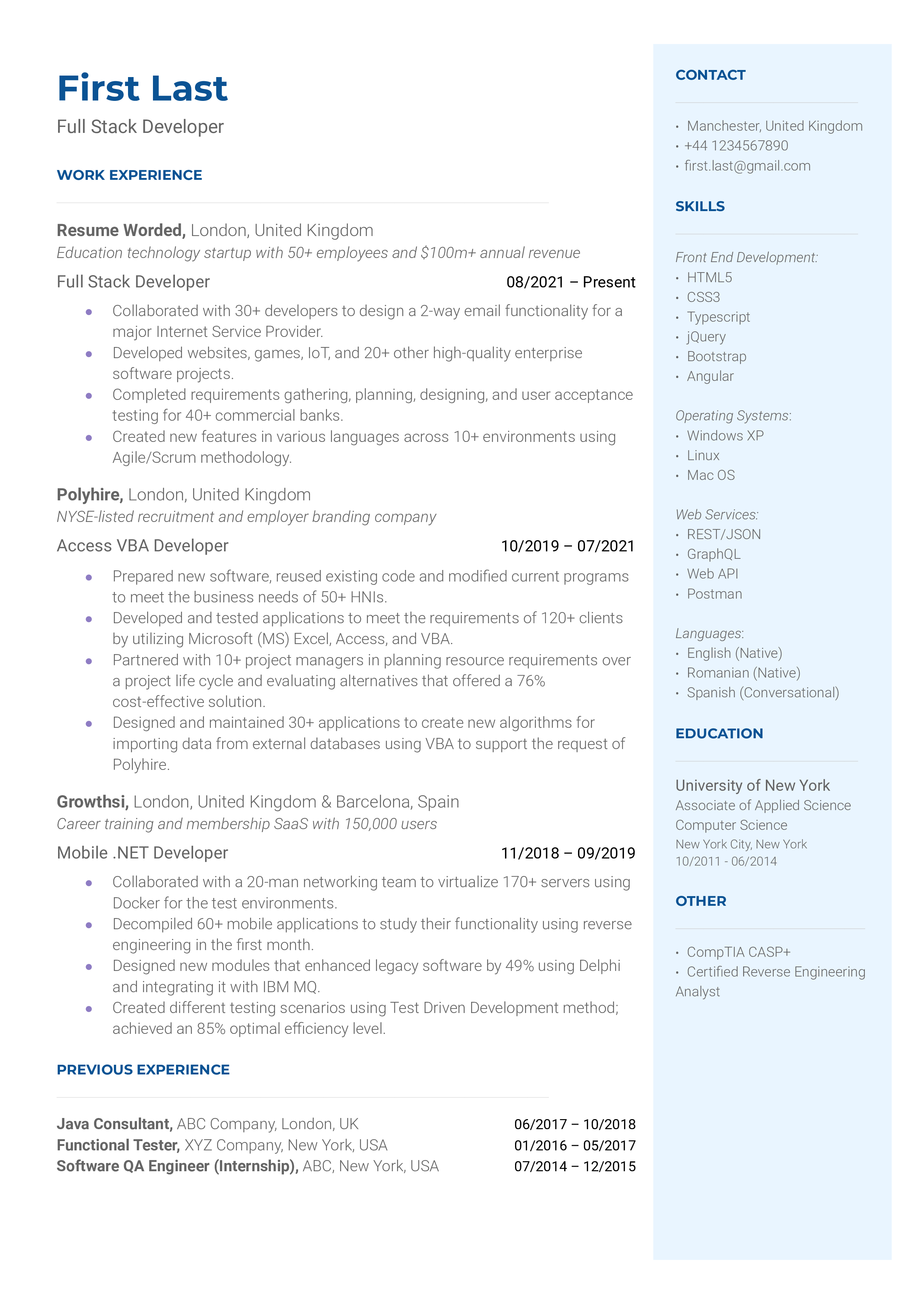 Full Stack Developer Resume Sample