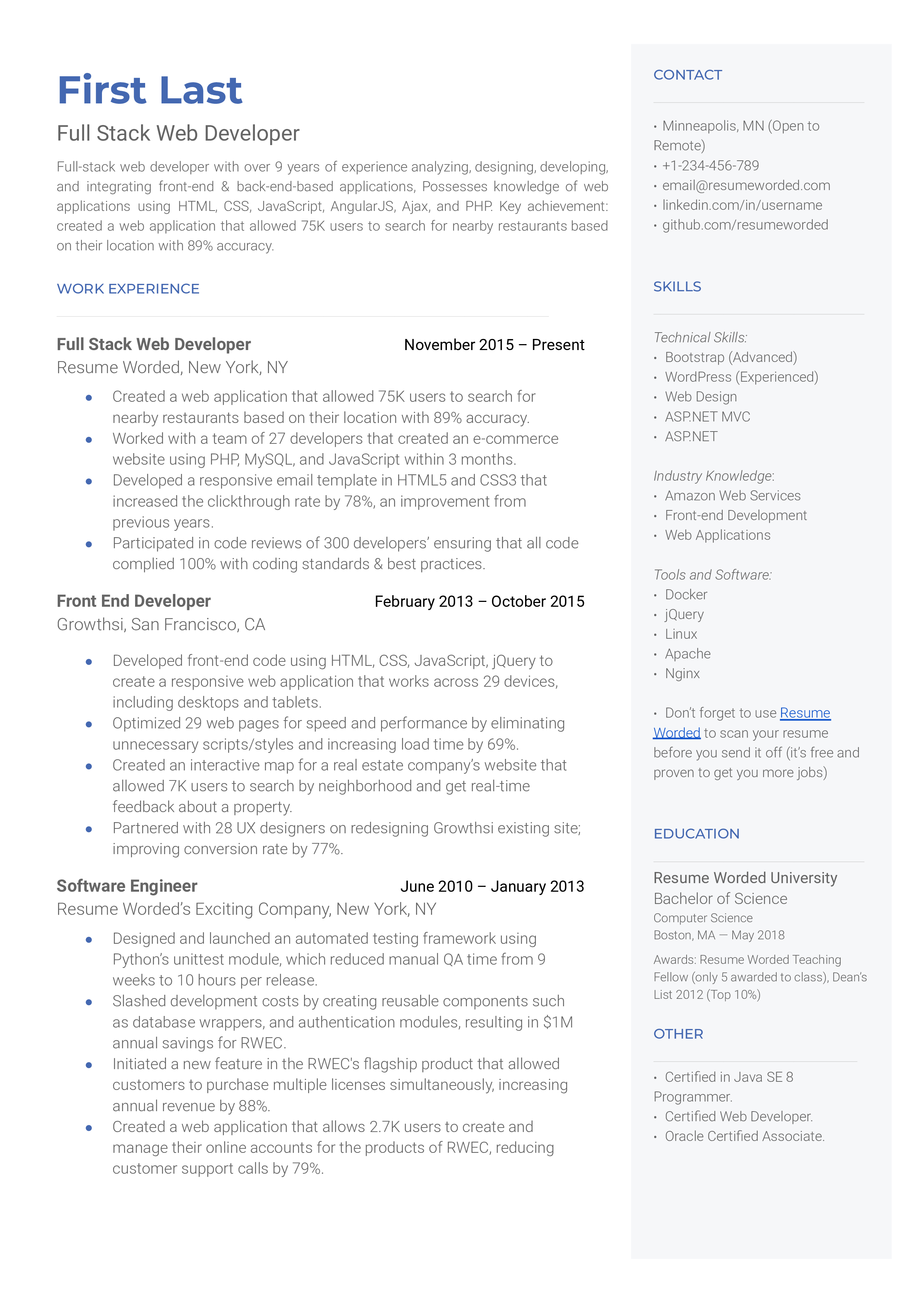 Full Stack Web Developer Resume Sample