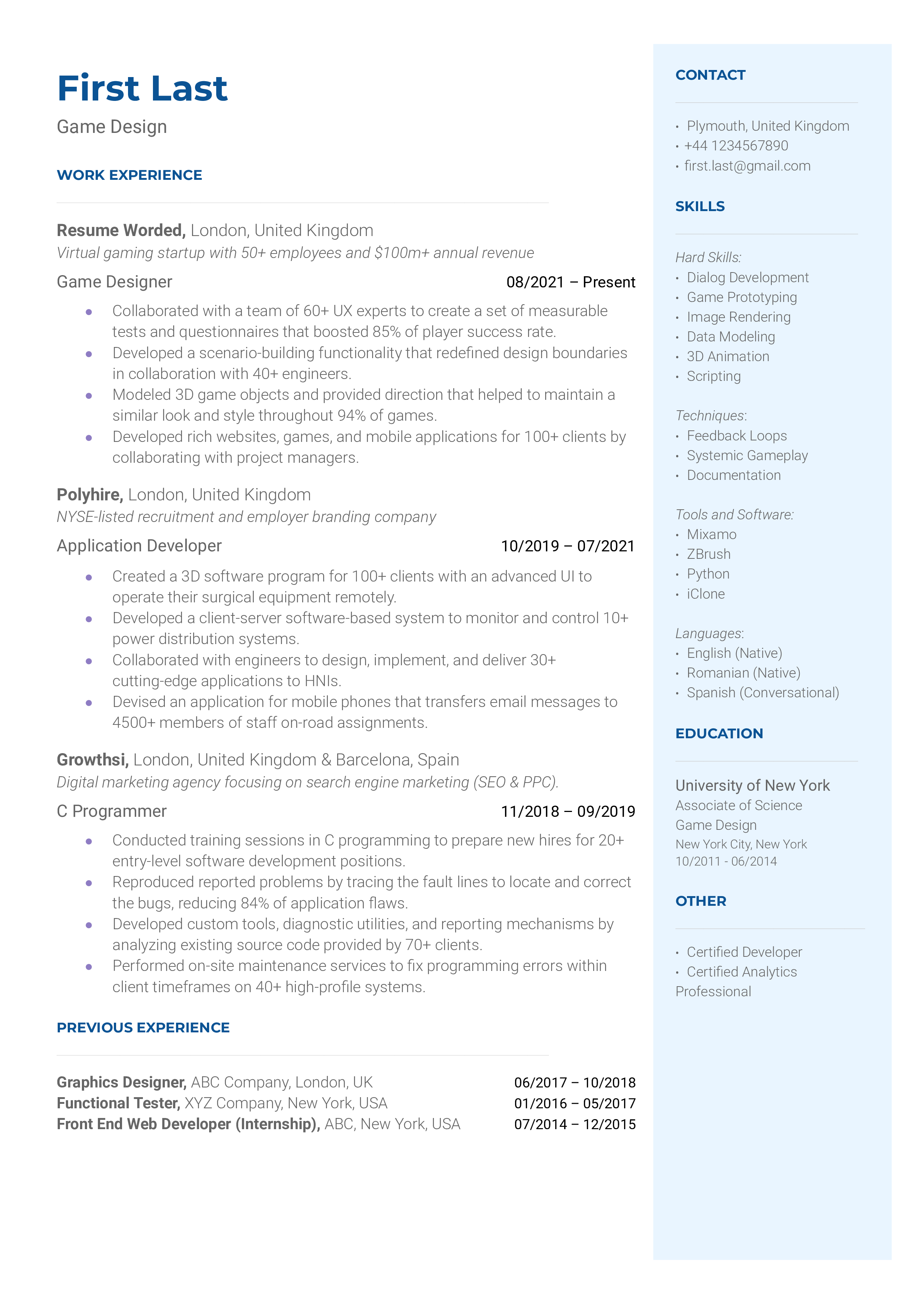 Game Design Resume Sample