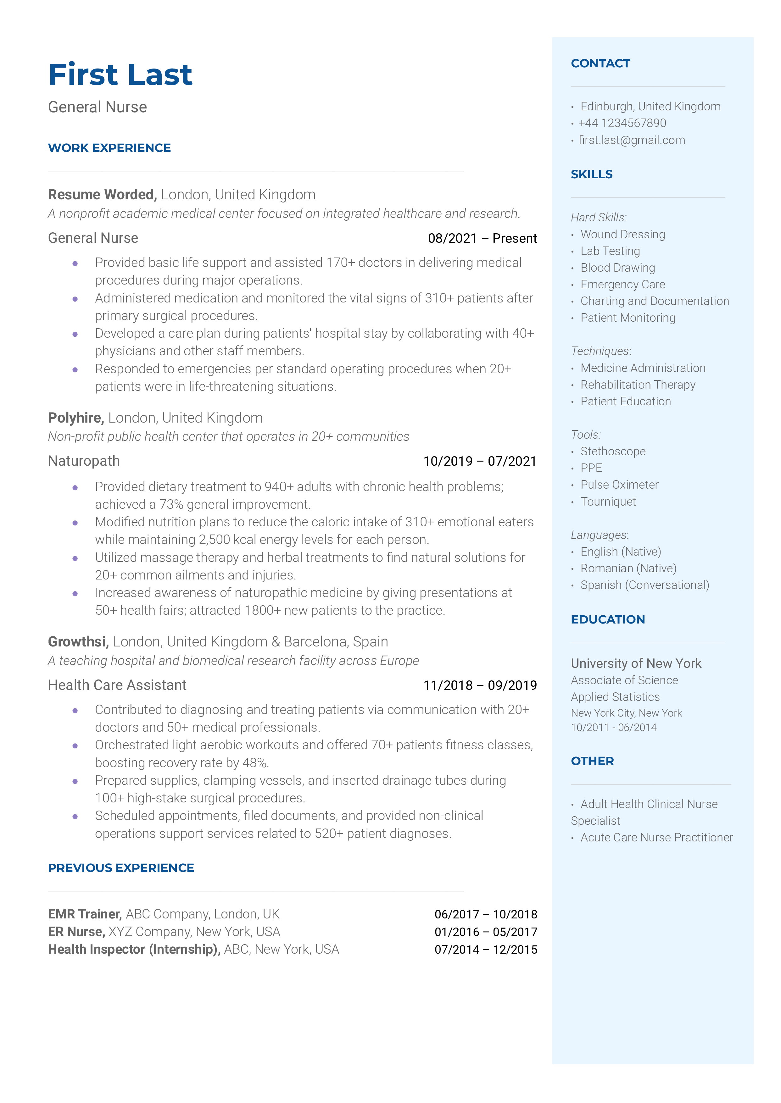 General Nurse Resume Sample