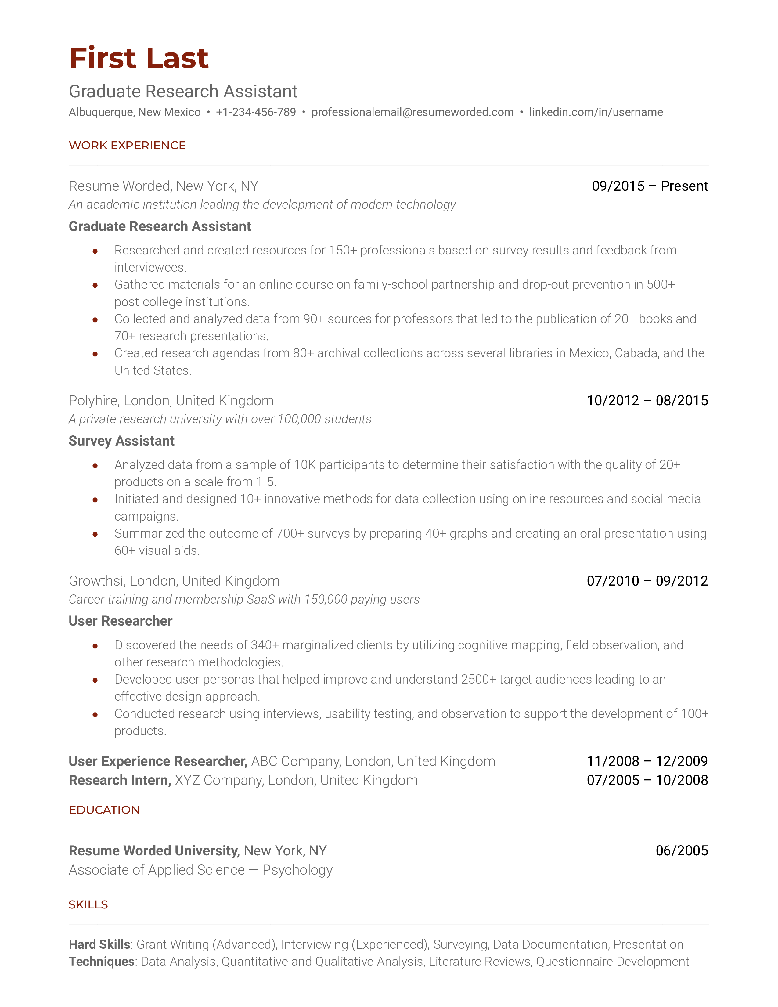 Graduate Research Assistant Resume Sample