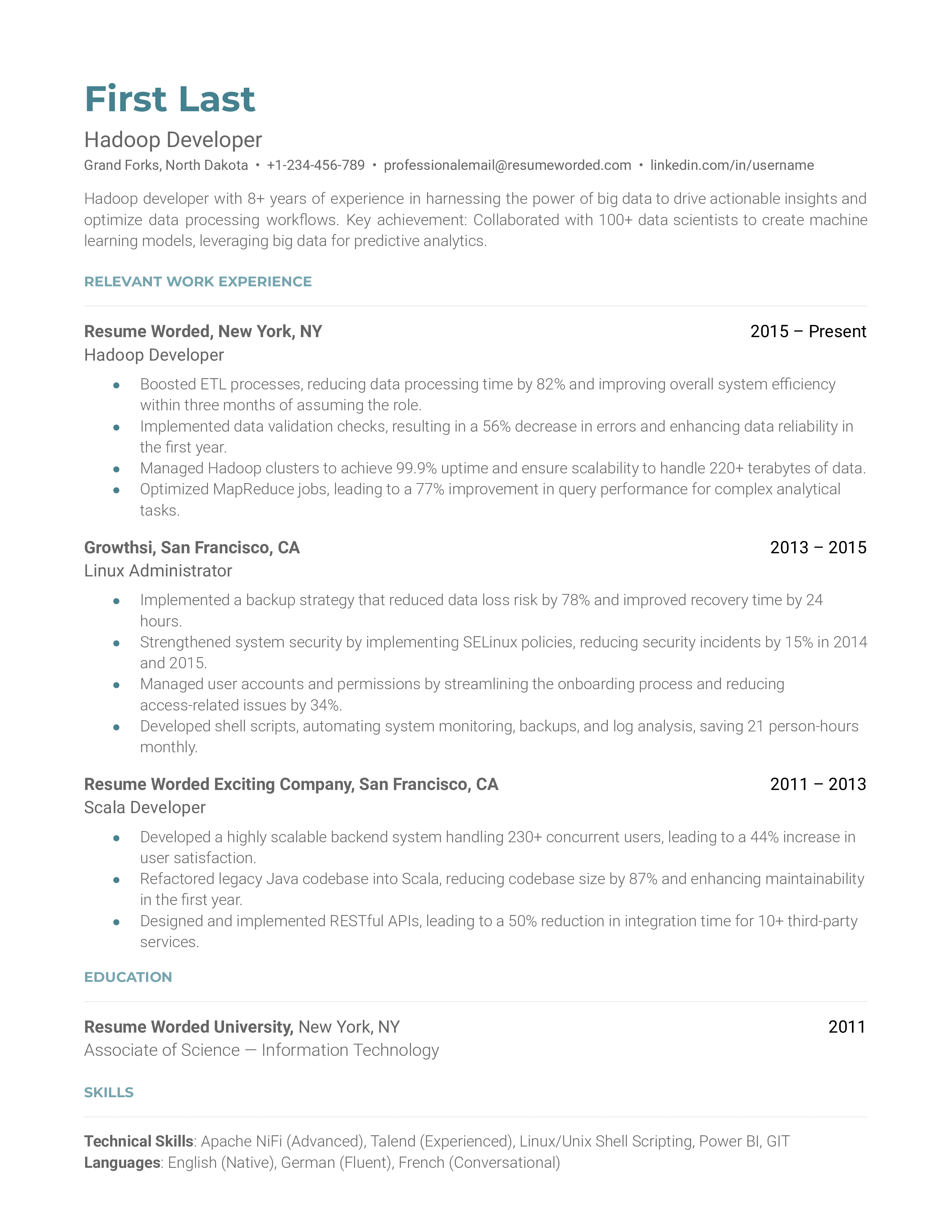 Hadoop Developer Resume Sample