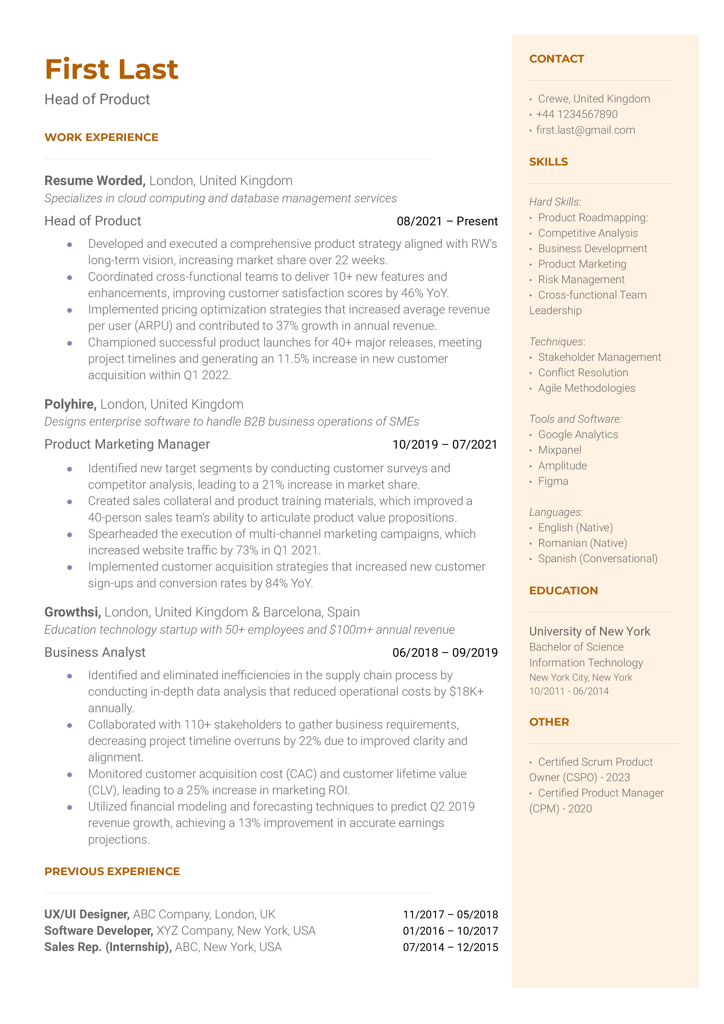 Head of Product Resume Sample