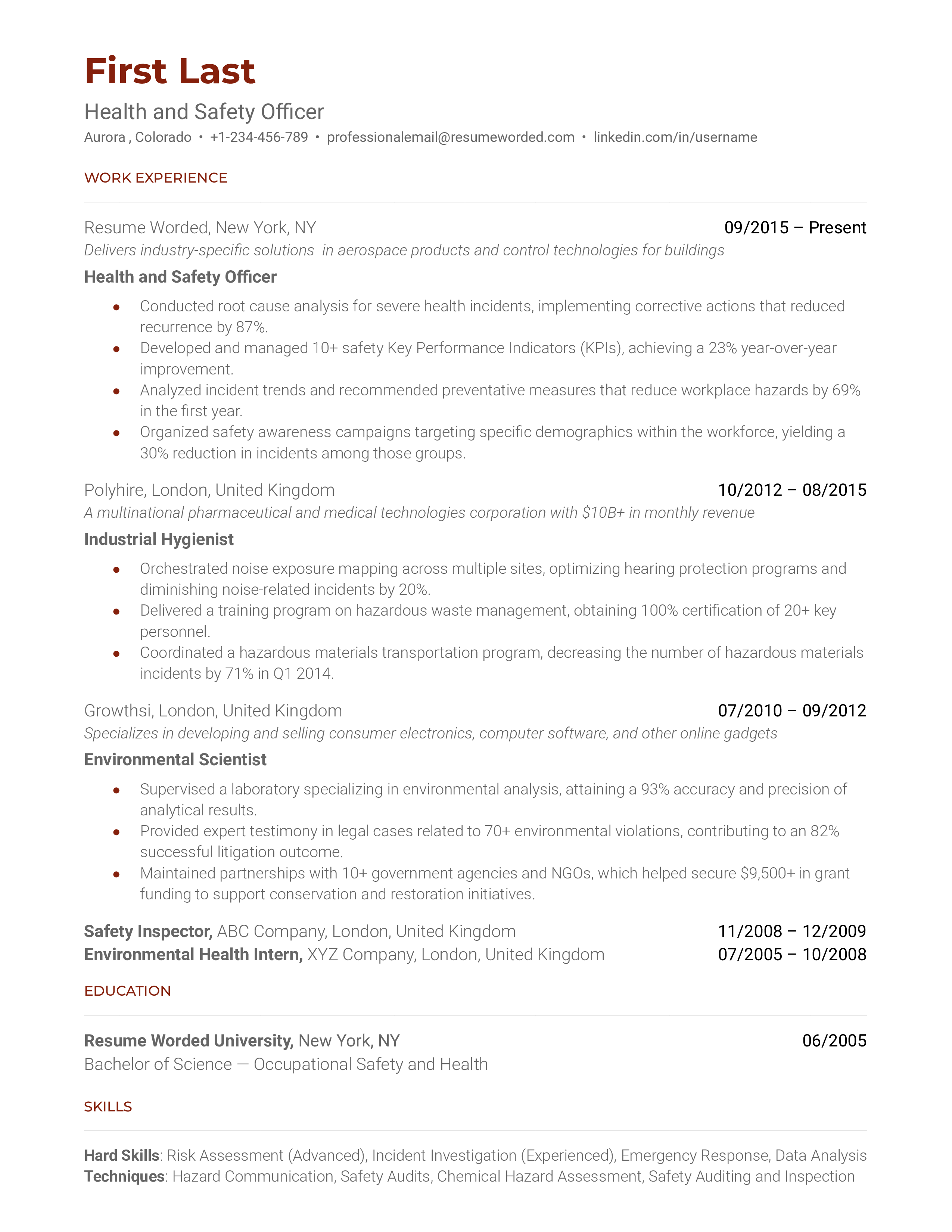 Health and Safety Officer Resume Sample