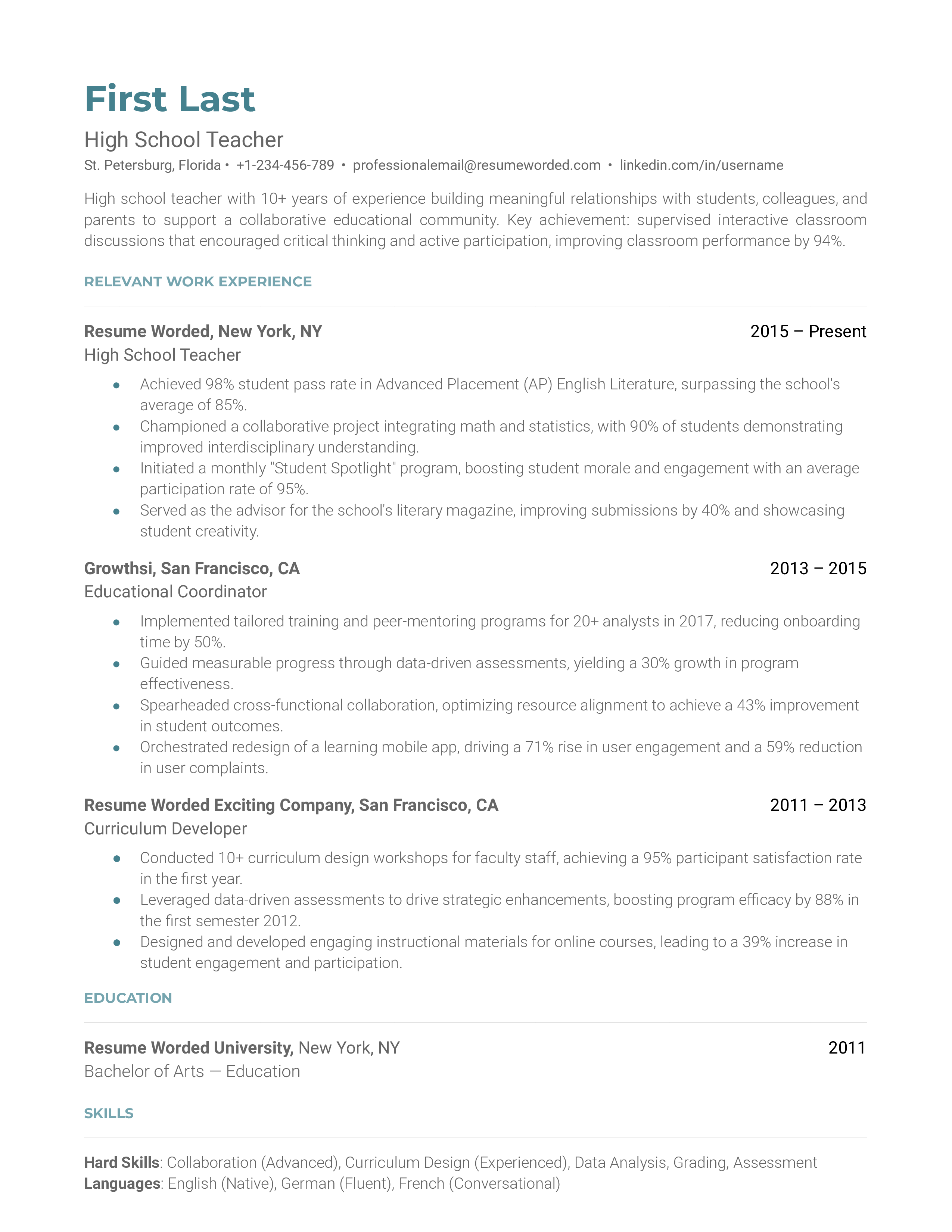 High School Teacher Resume Sample