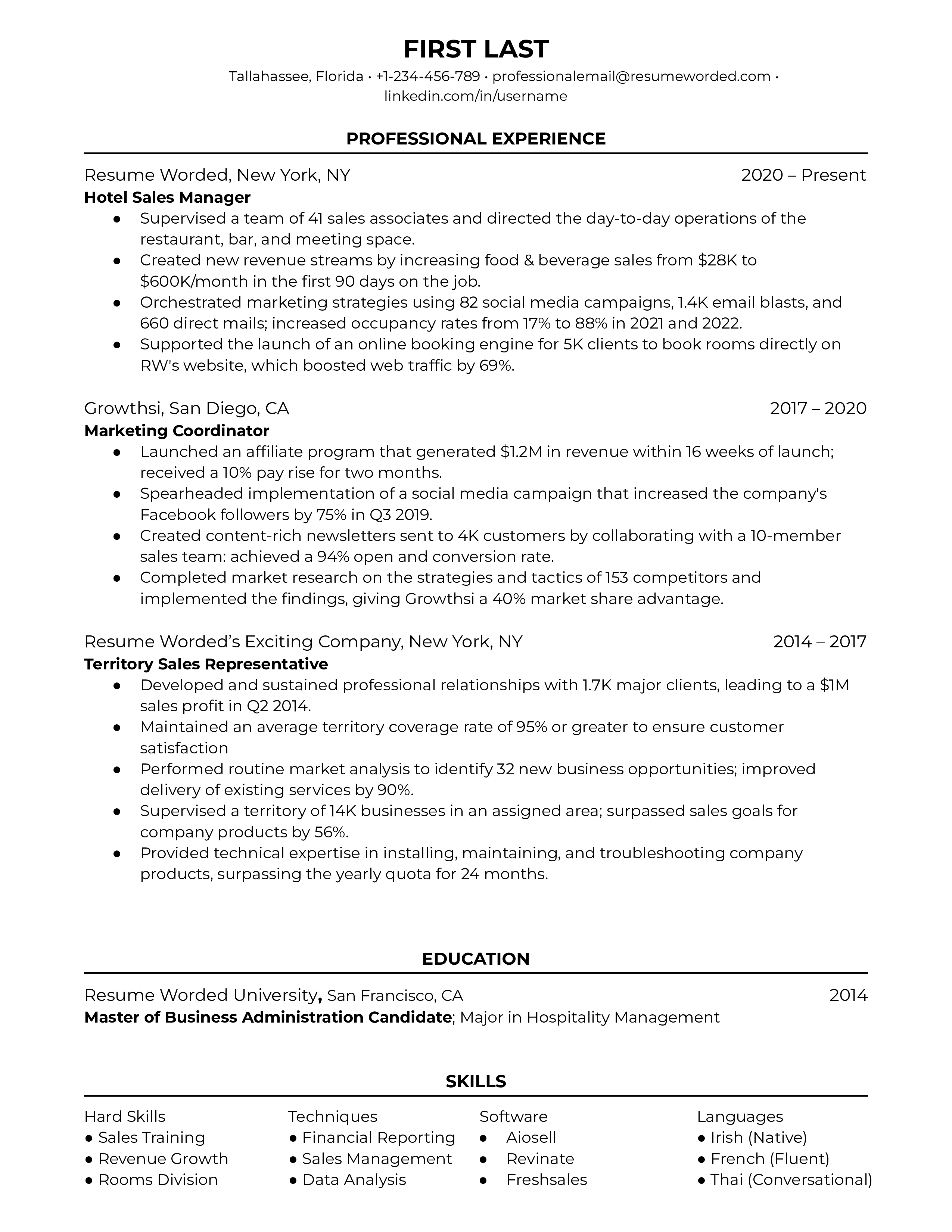 Hotel Sales Manager Resume Sample