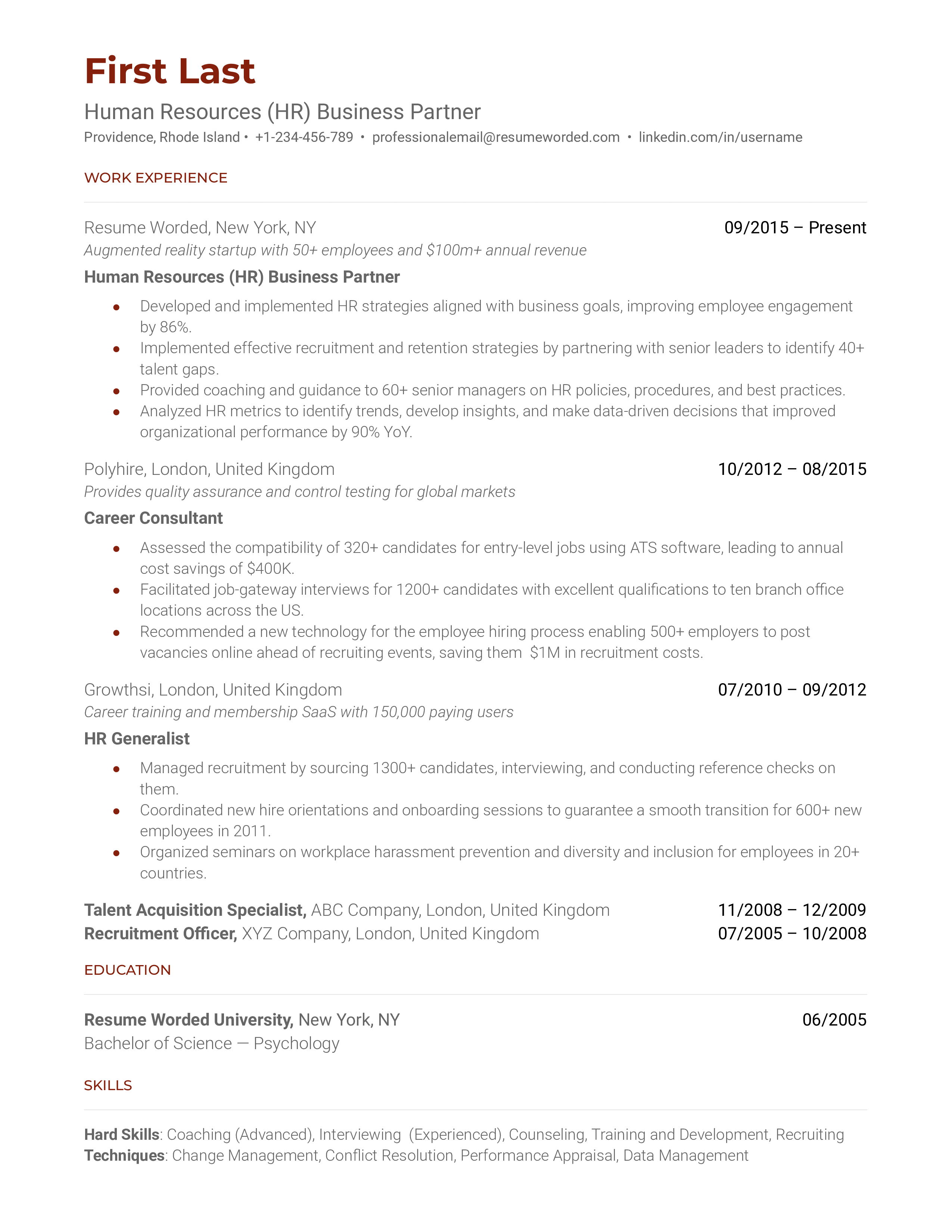 Human Resources (HR) Business Partner Resume Sample