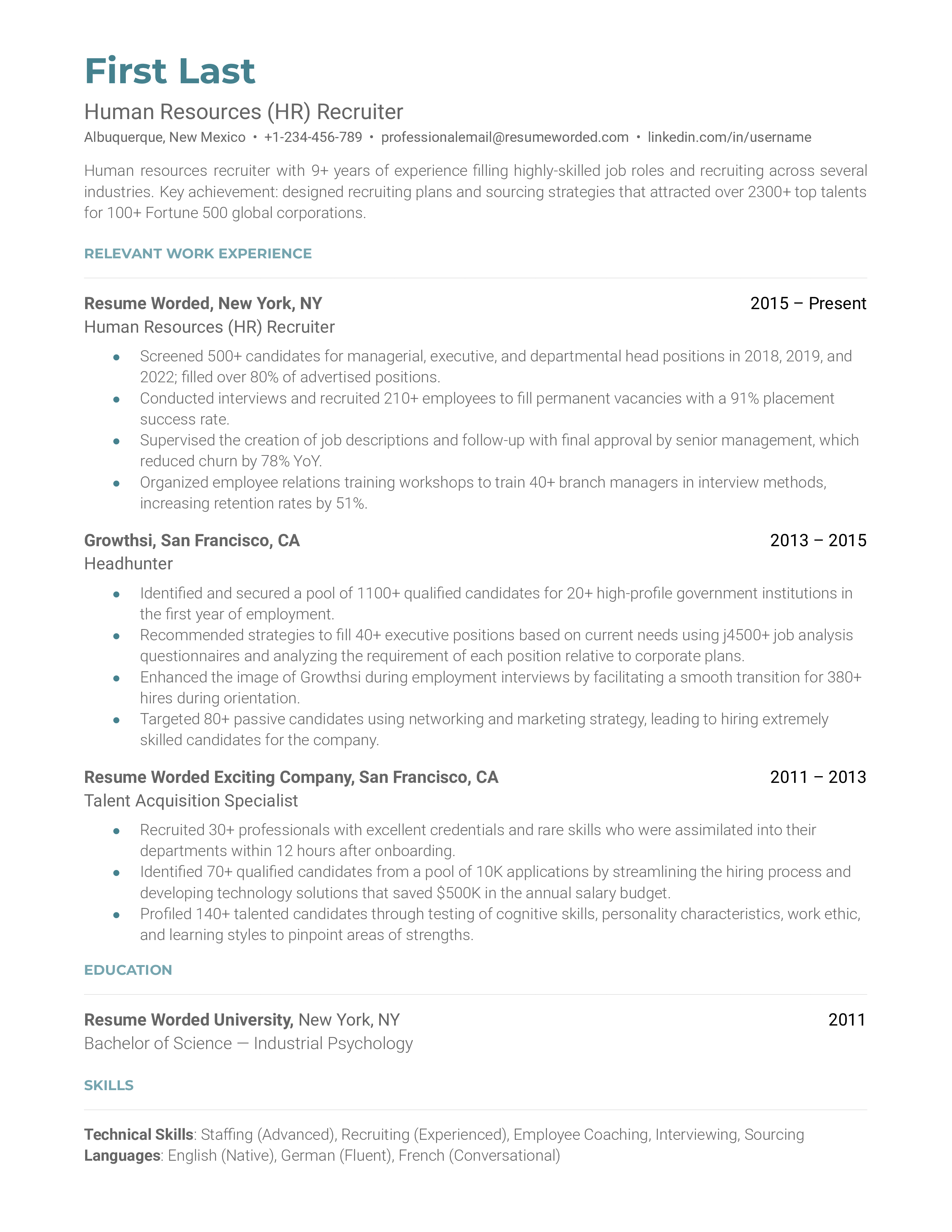 Human Resources (HR) Recruiter Resume Sample
