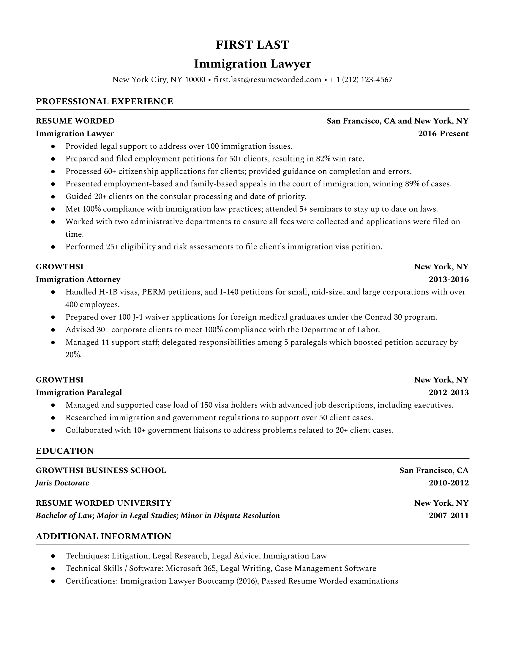 Immigration Lawyer Resume Sample Lawyers should list their technical skills separately to indicate their organizational ability and use strong action verbs to indicate their capabilities.