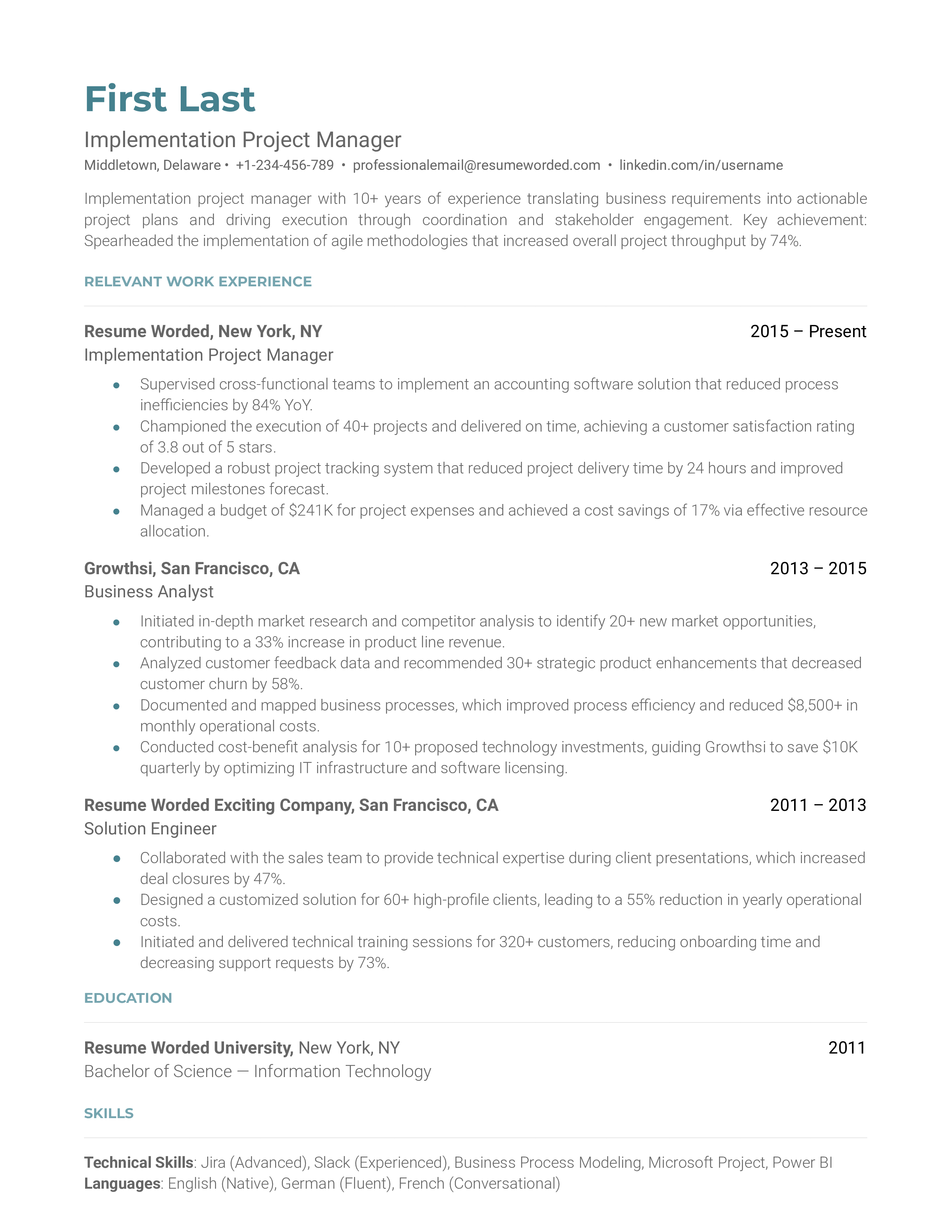 Implementation Project Manager Resume Sample