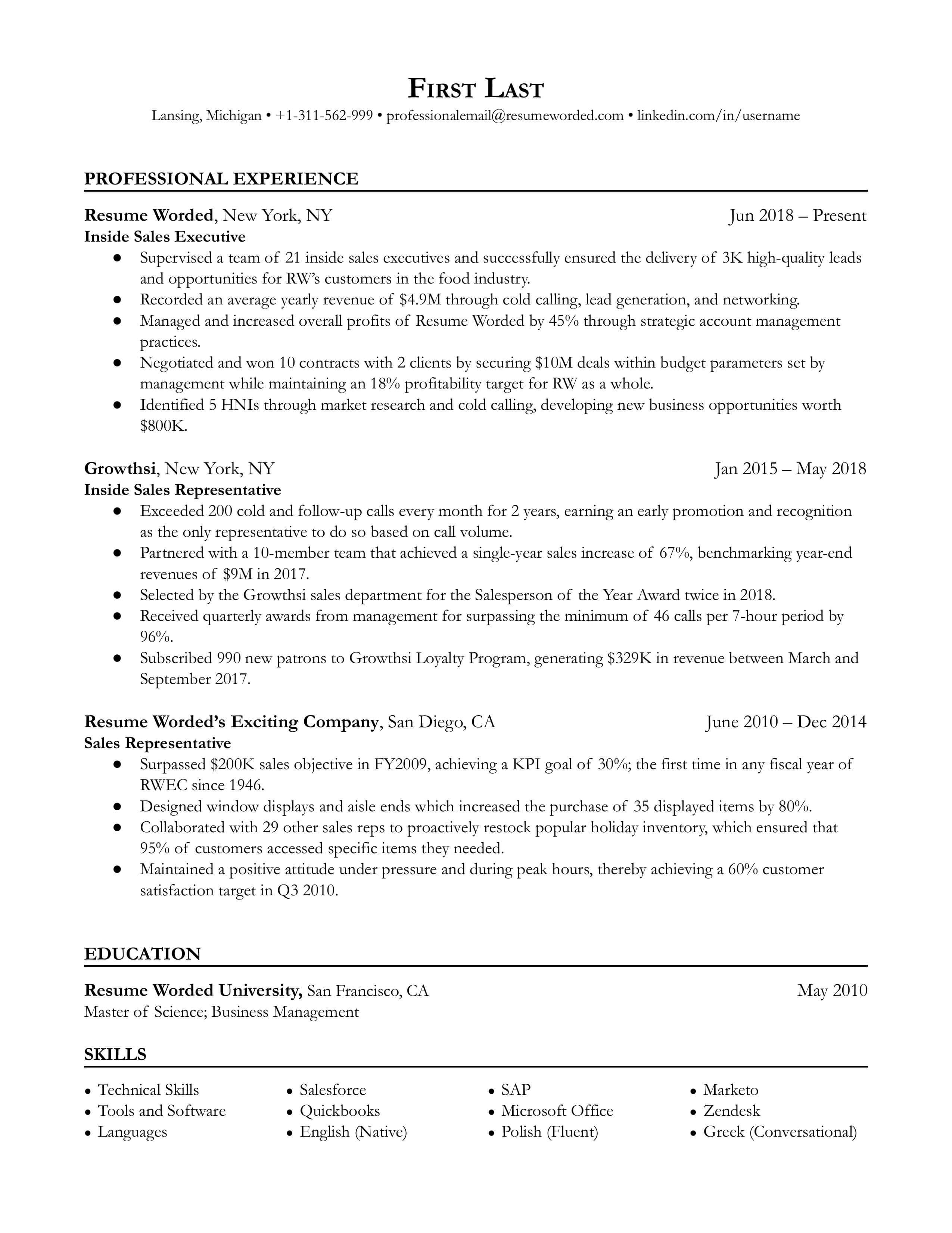 Inside Sales Executive Resume Sample