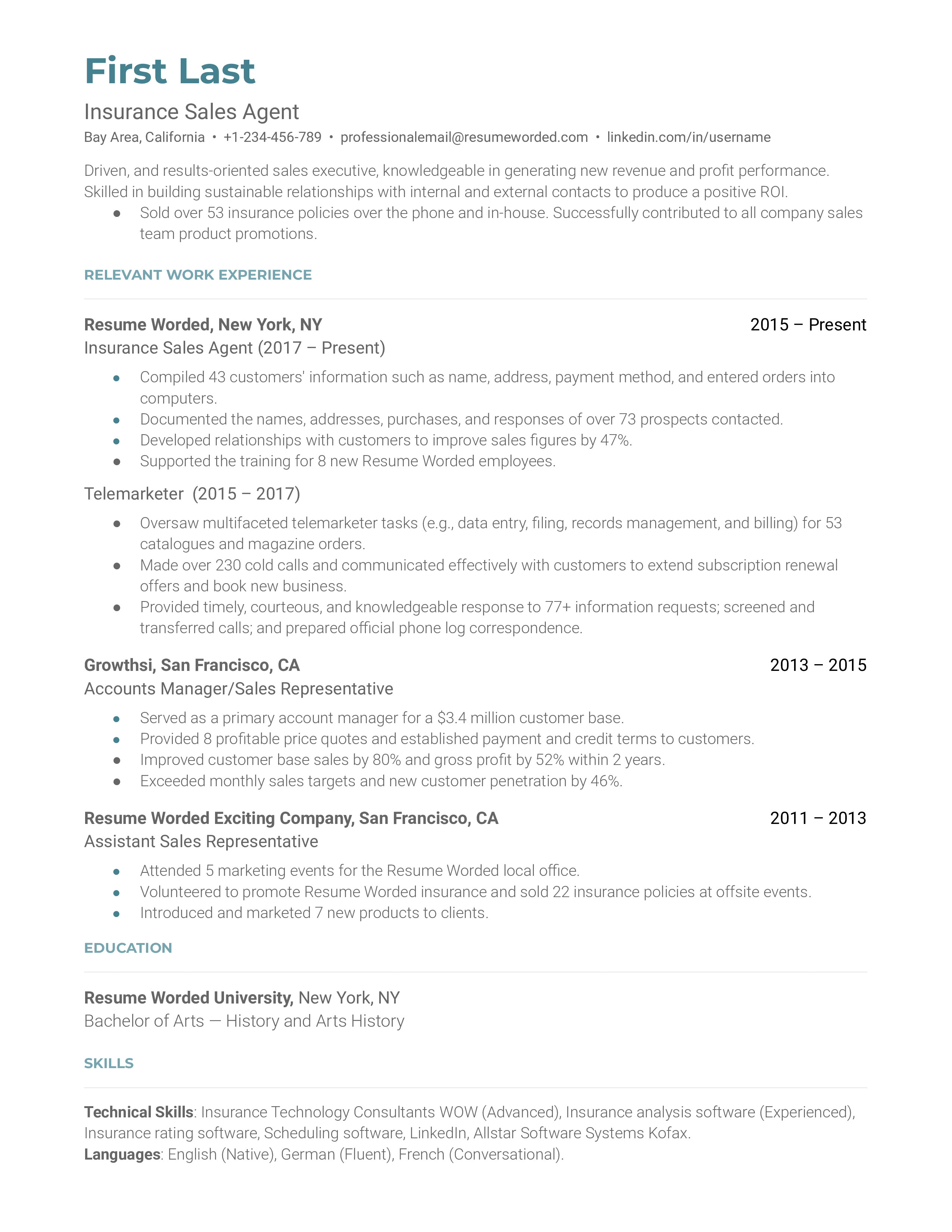 Insurance Sales Agent Resume Sample Insurance sales agent resume sample that highlights the applicant's soft skills and sales prowess.