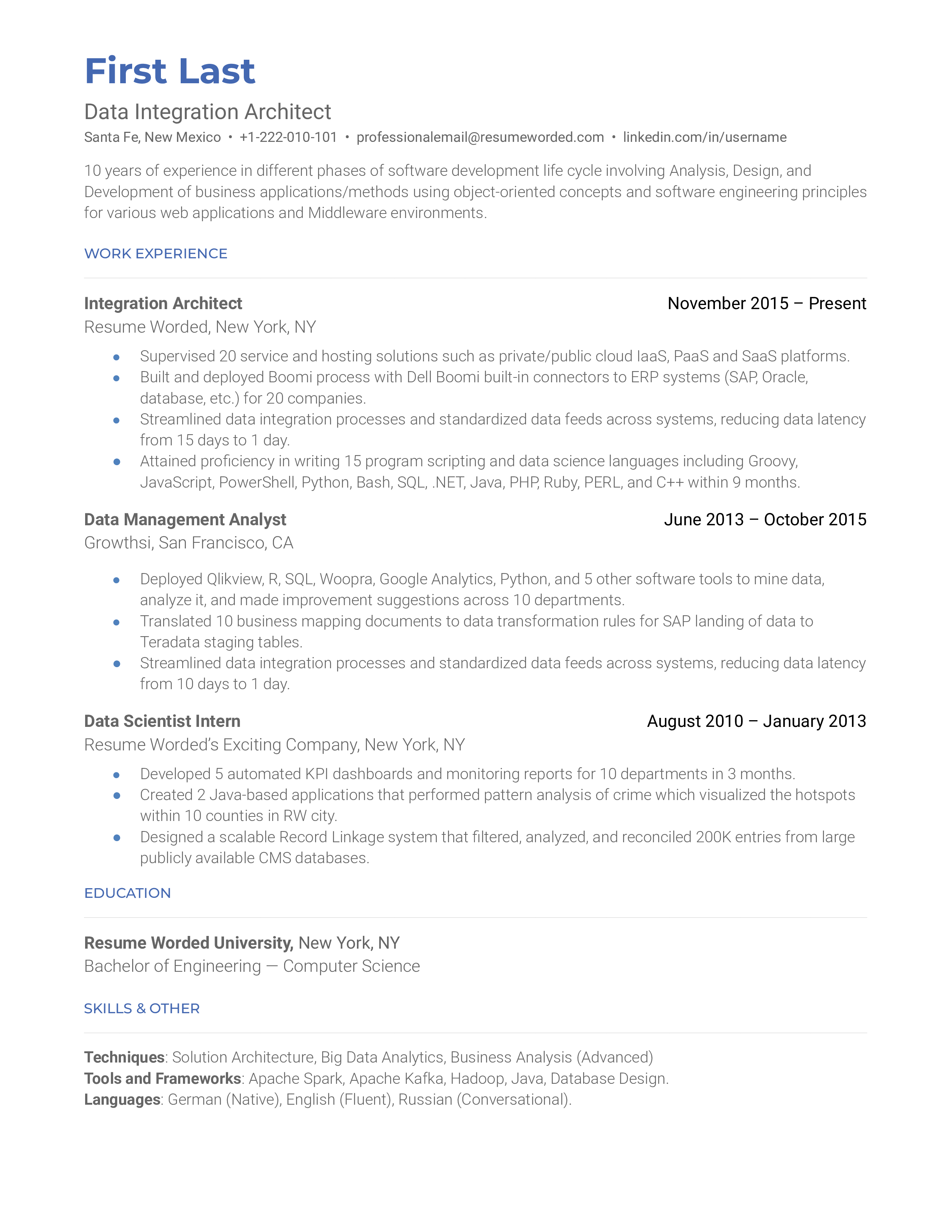 Data Integration Architect  Resume Sample