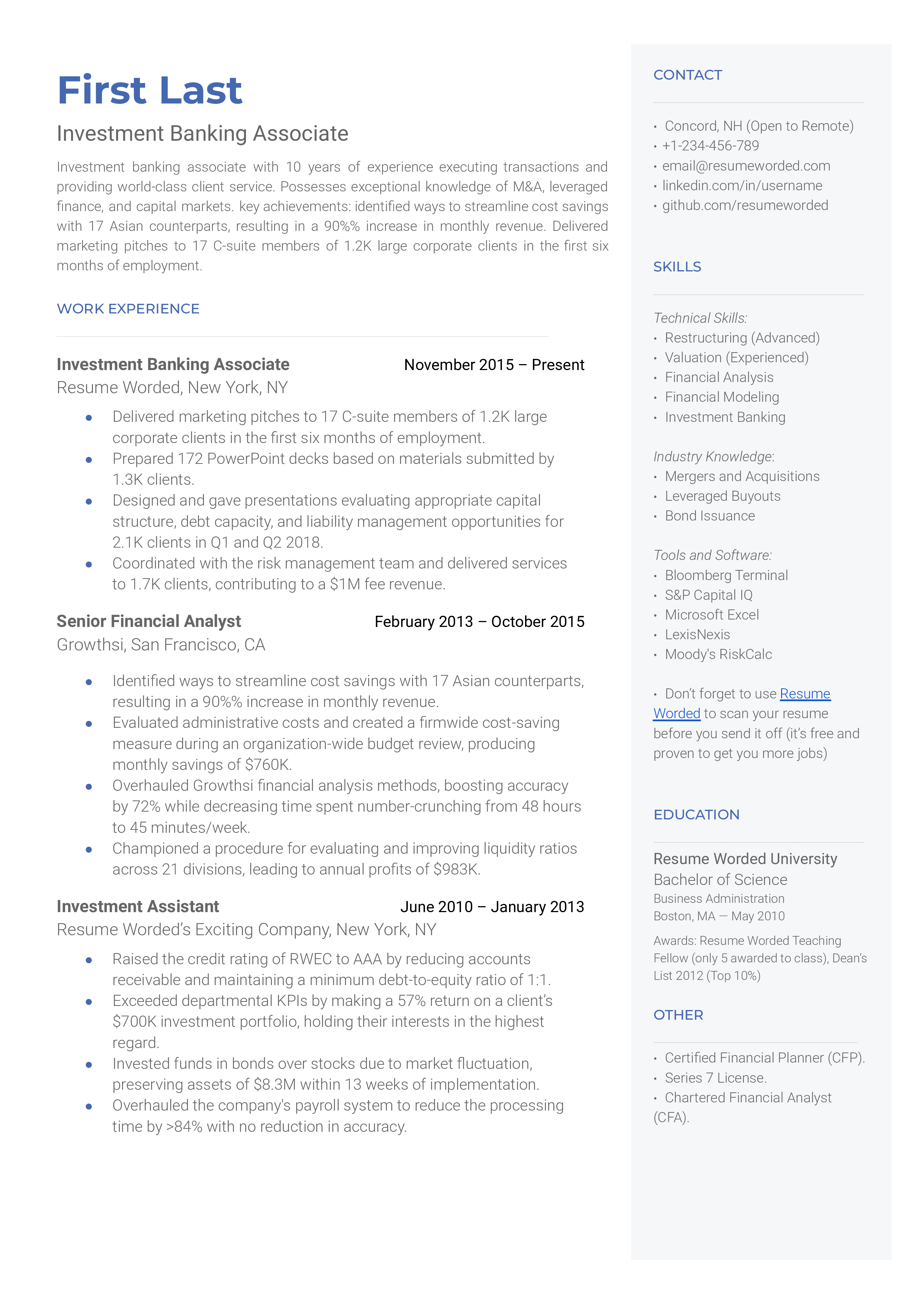 Investment Banking Associate Resume Sample An investment banking associate resume sample highlighting the applicant’s certification and relevant skill set.