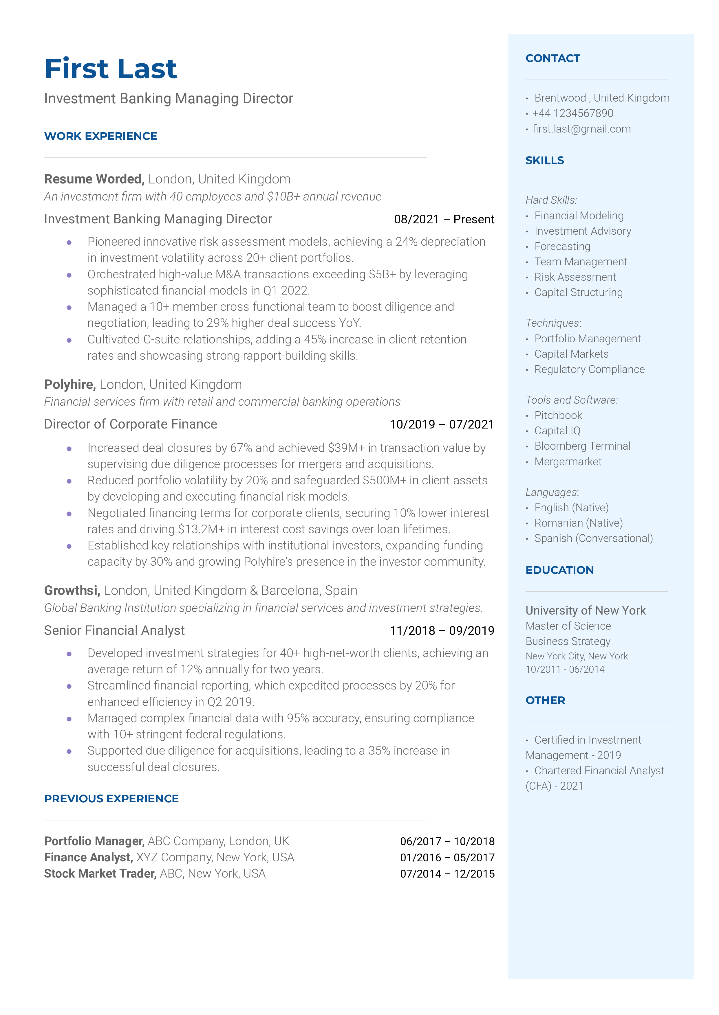 Investment Banking Managing Director Resume Sample