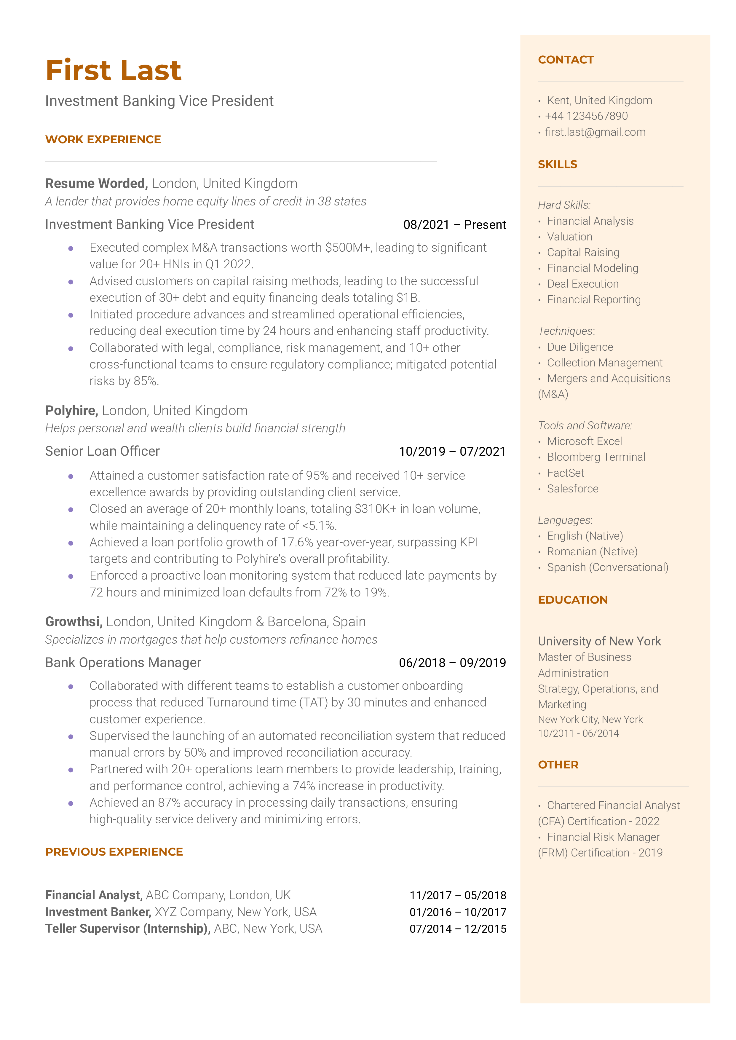 Investment Banking Vice President Resume Sample