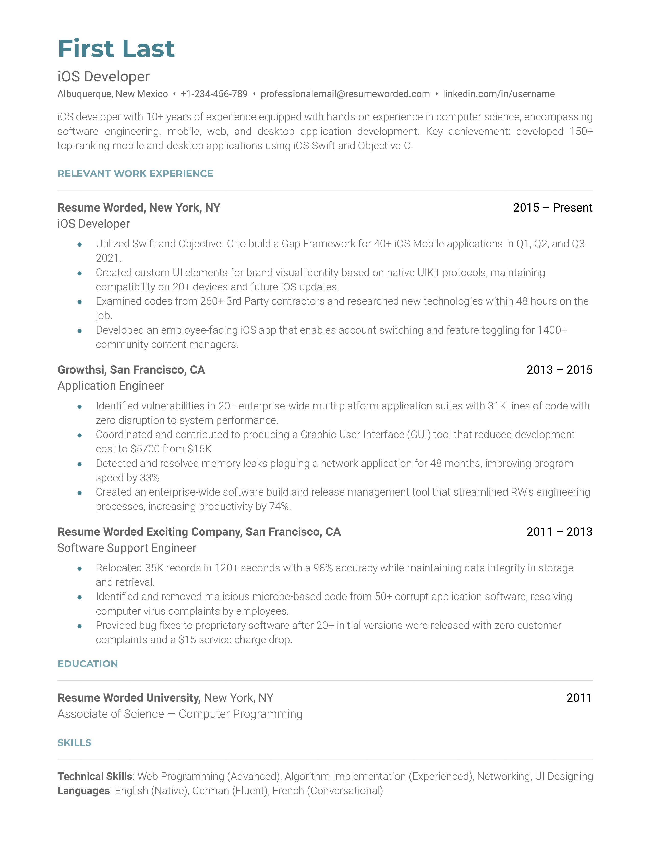 iOS Developer Resume Sample