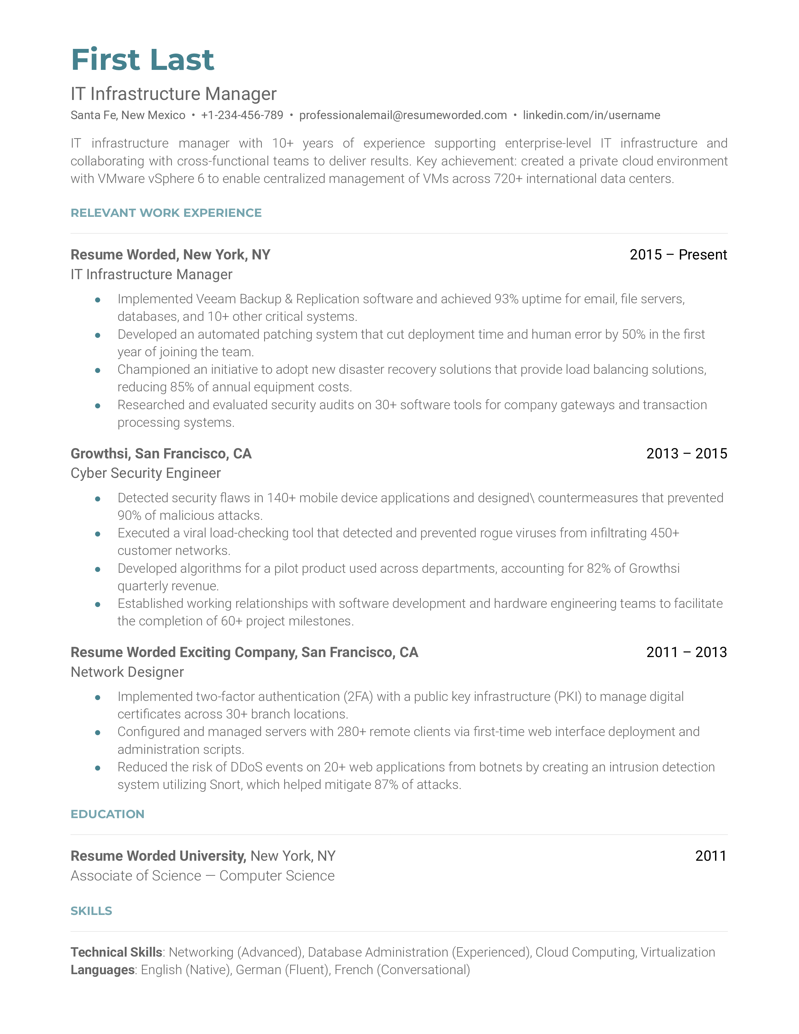 IT Infrastructure Manager Resume Sample