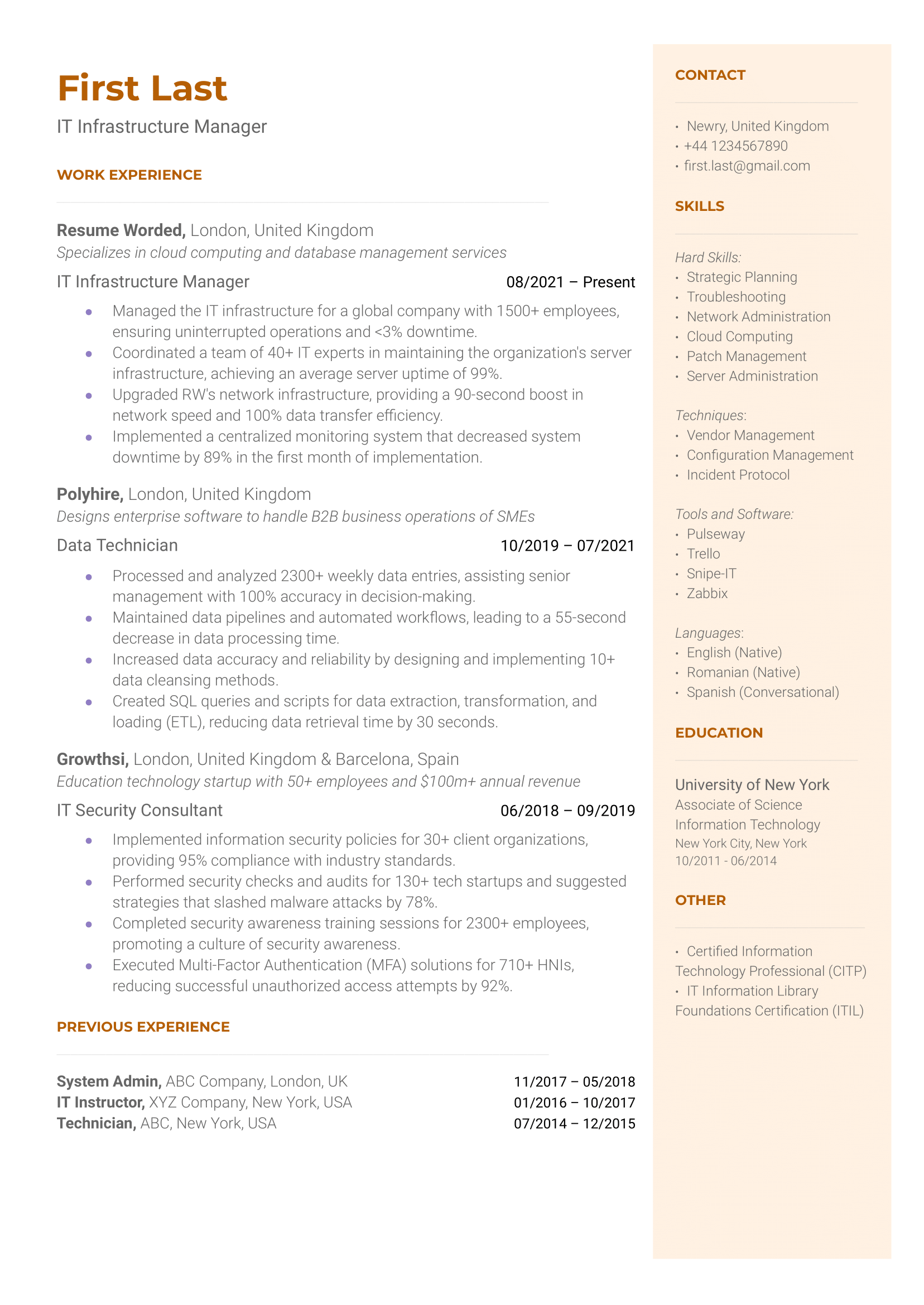 IT Infrastructure Manager Resume Sample