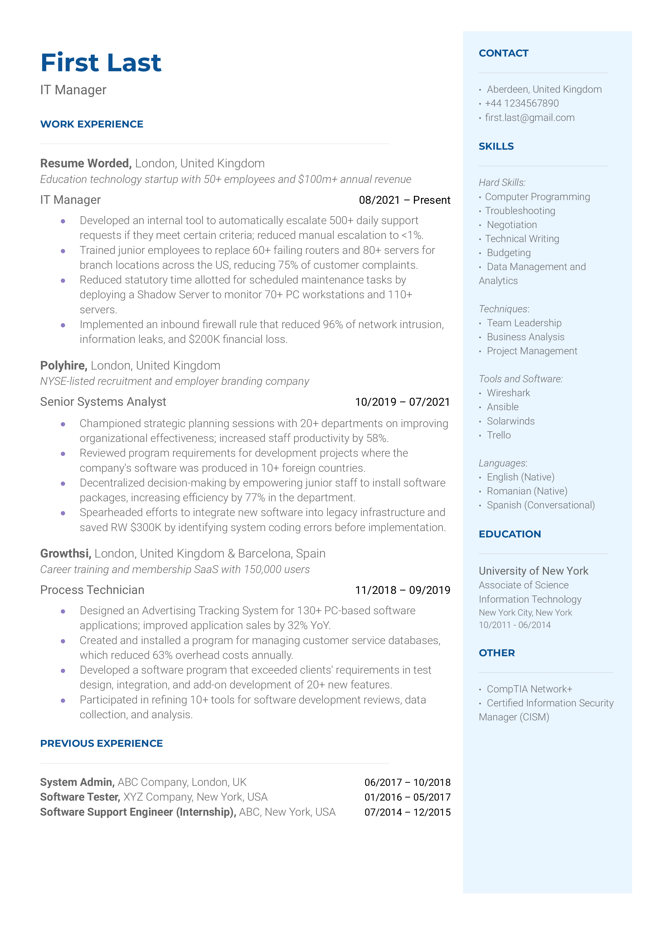 IT Manager Resume Sample