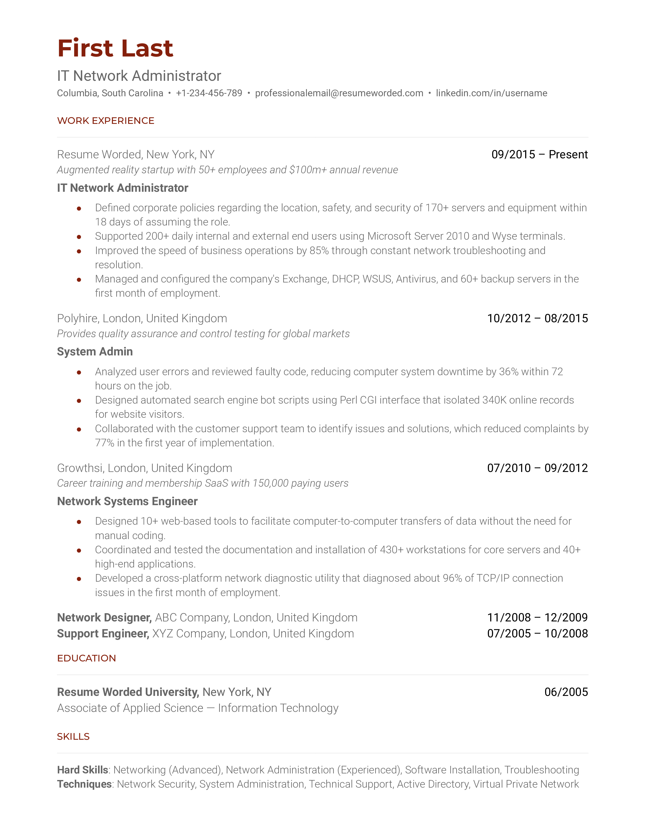IT Network Administrator Resume Sample