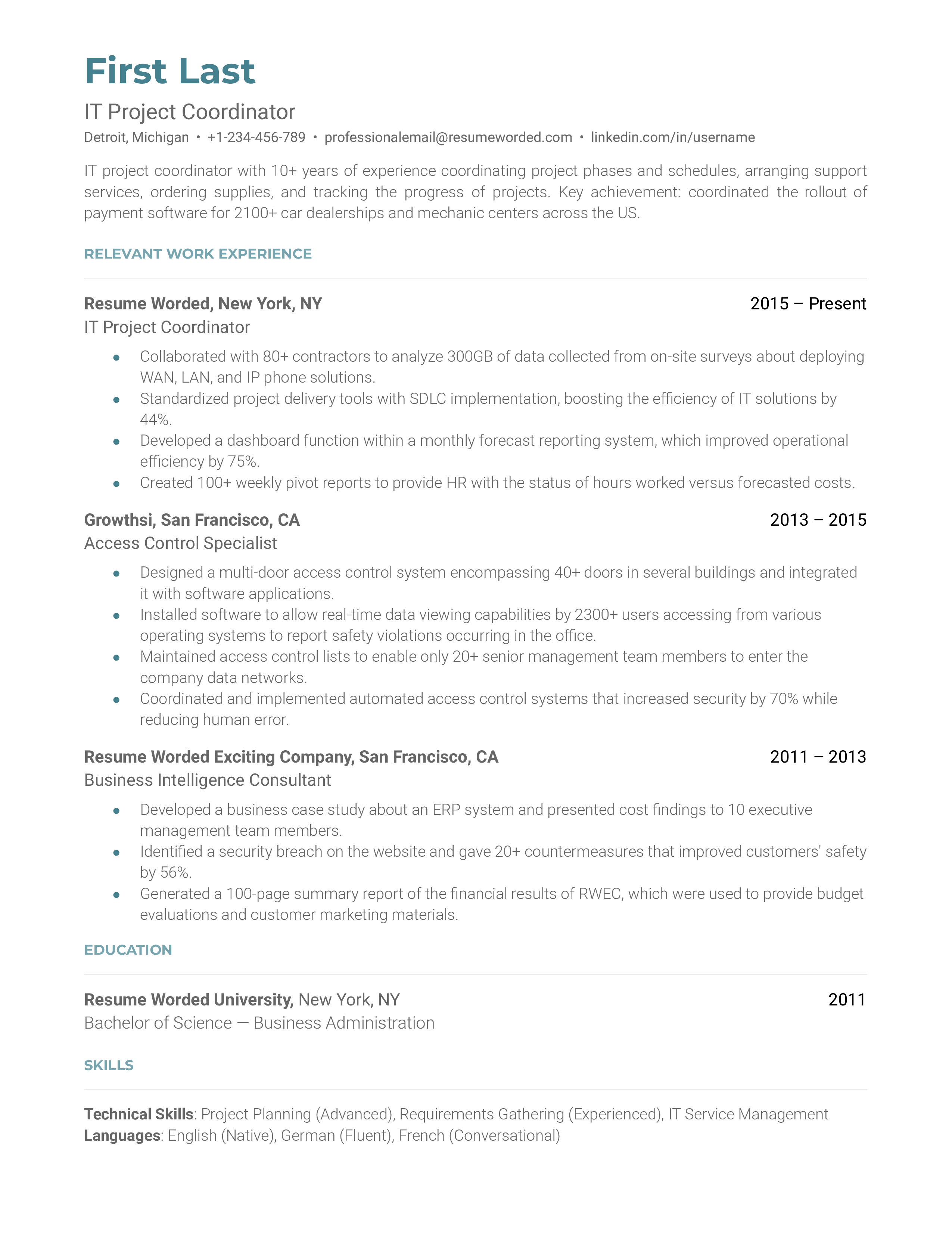IT Project Coordinator Resume Sample